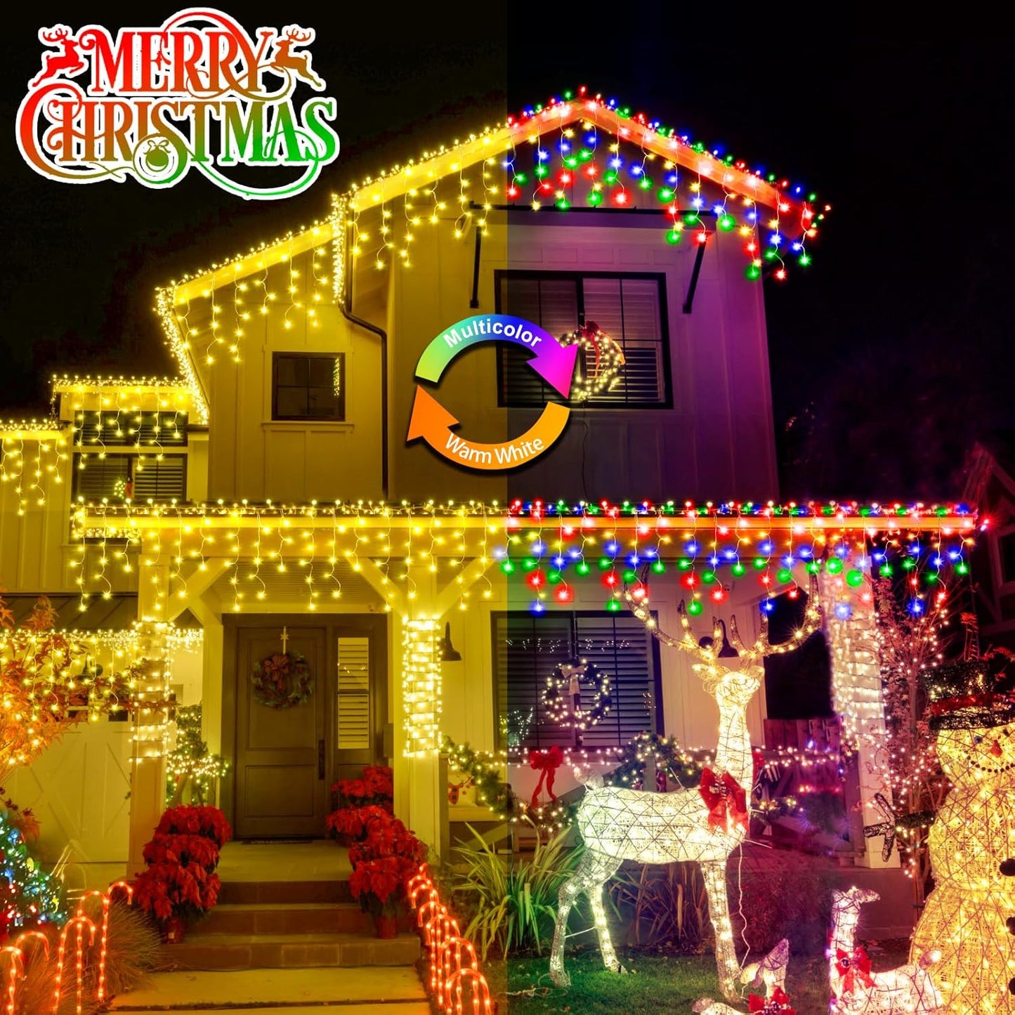 Color Changing Christmas Lights, 11 Modes 49FT 480 LED Ice Lights for Outside with 90 Drops, Timer Memory Waterproof Warm White to Multicolor Ice String Lights for Christmas Eaves Party Decorations