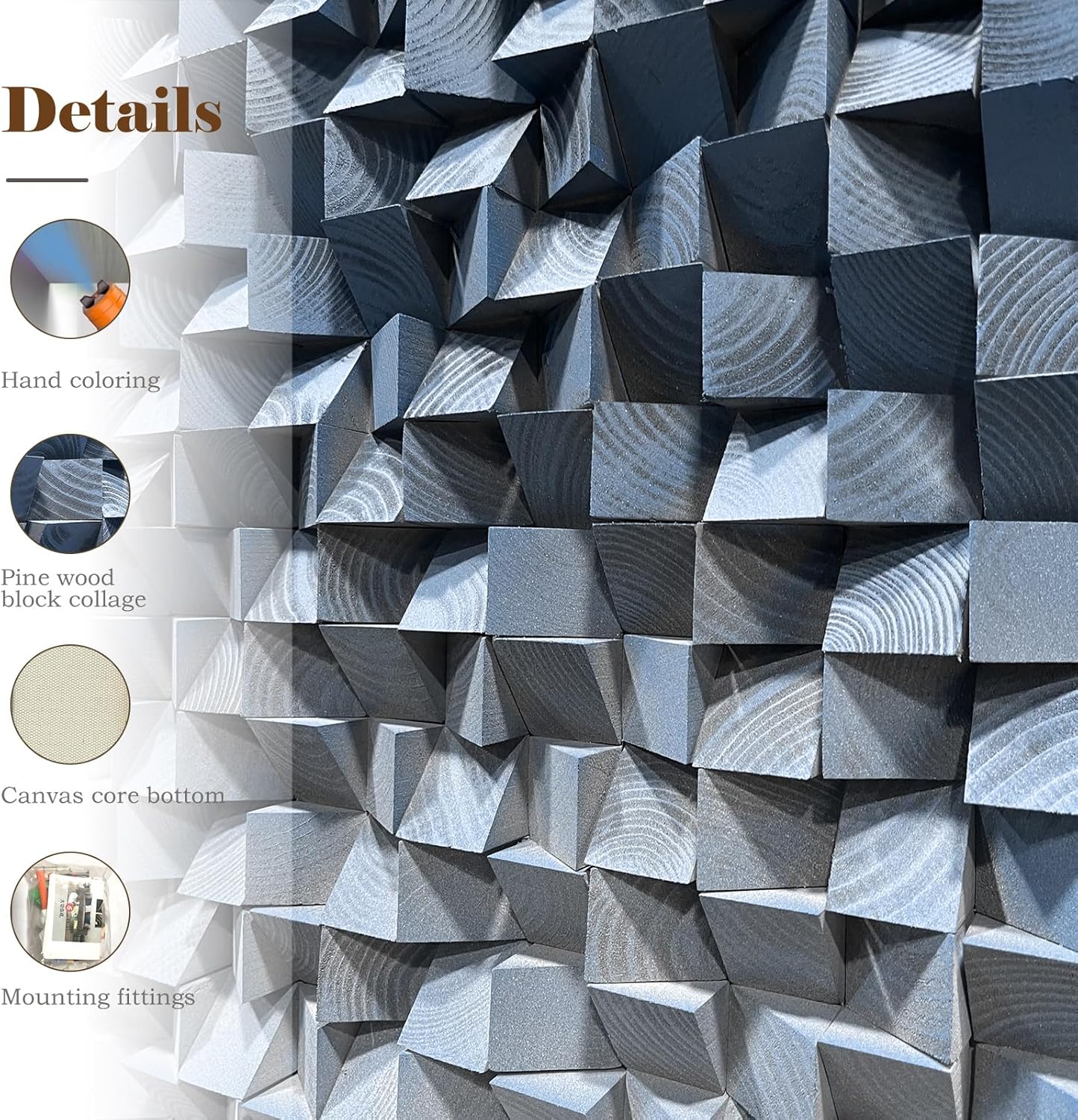 LIUZEYUE - 3D wooden block decoration painting art wall decoration 3D wooden background wall living room bedroom study (blue gray gradient) 31.5"x63"