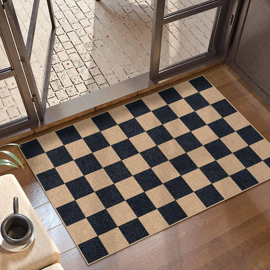 Lahome Checkered Easy Jute 2x3 Rug, Small Entryway Rug Non Slip Kitchen Front Door Mat, Farmhouse Neutral Area Rug Non Shedding Low Pile Floor Carpet for Foyer Porch Doorway