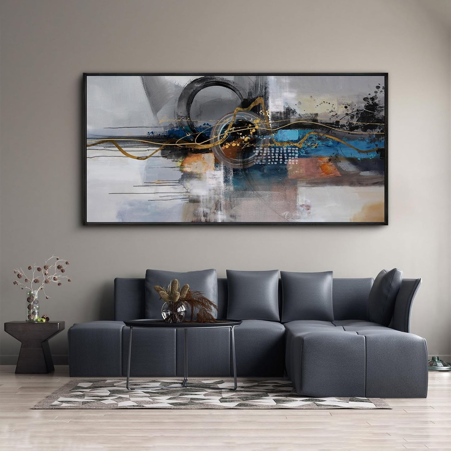 XLSJERST Large Abstract Frame Wall Art - Black and Blue Cnavas Framed Artwork for Walls Modern Minimalist Boho Gray Pictures Wall Decor for Living Room Bedroom Office Home Decoration 20x40 Inches