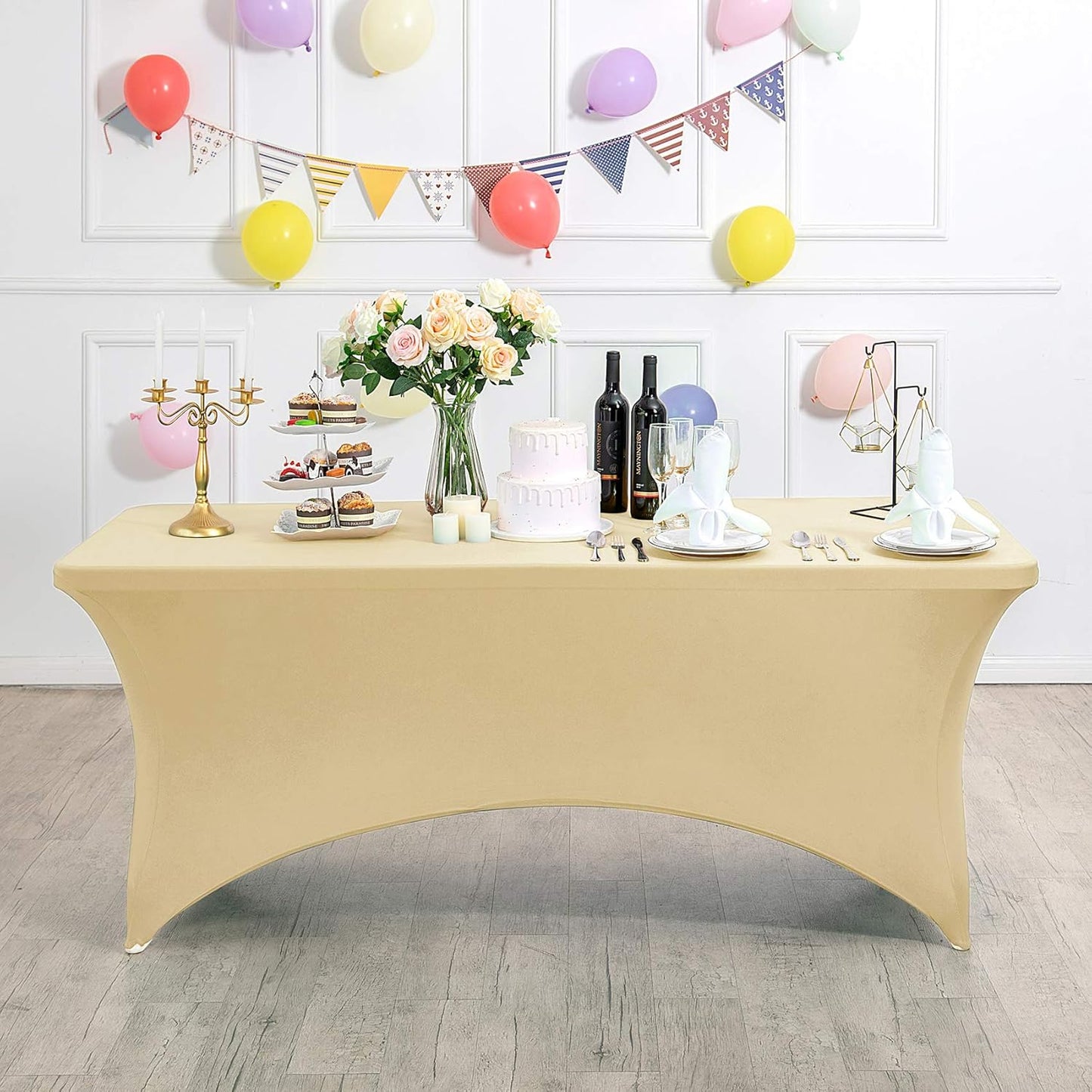 2Pack Spandex Table Cover for 8FT or 4ft or 6ft Table Universal Fitted Stretch Tablecloth for Party, Banquet, Wedding and Events-Champagne