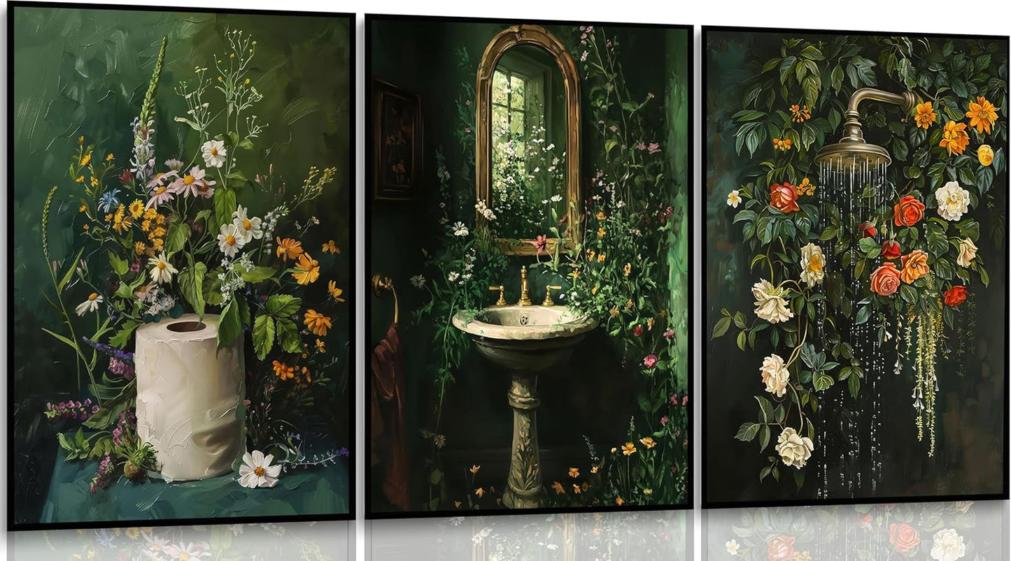 3Pcs Vintage Dark Green Bathroom Wall Art Shower Toilet Paper Roll Floral Poster Print Modern Farmhouse plants Painting Picture Wall Decor For Bathroom Living Room Decoration Unframed