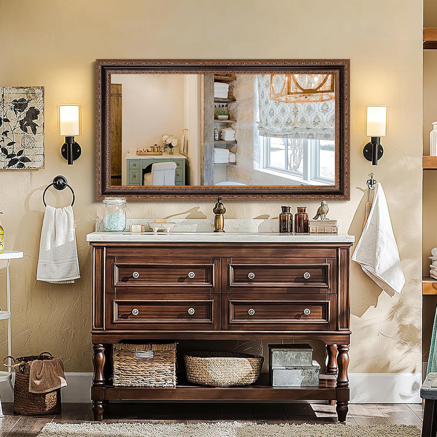 Narrow Vintage Wall Mirror, 46" X 22.5" Decorative Mirror with Black and Bronze Handmade Aging Carvings Solid Wood Frame for Baroque Bathroom, Living Room, Fireplace, Entryway and Bedroom