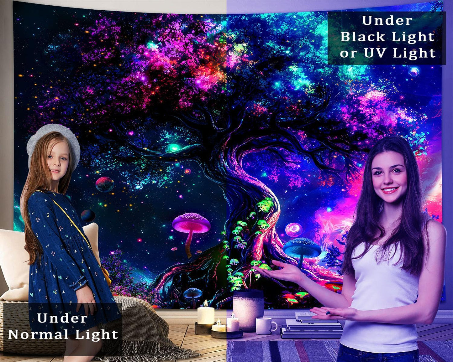 dueeia Blacklight Tree Life Tapestry Wall Hanging Fantasy Black Light Glow in the Dark Uv Mushroom Tapestries for Bedroom Aesthetic Living Room Wall Decor (59.1"x39.4")
