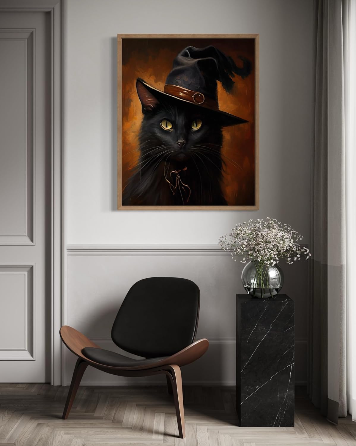 Witch Cat Poster Art Print, Halloween Scary Vintage Wall Art Academia Spooky Painting Decoration for Horror Prints, Gothic Posters Bedroom Decor 89 (Witch Cat, 11 x 14 inches, Wood Frame)