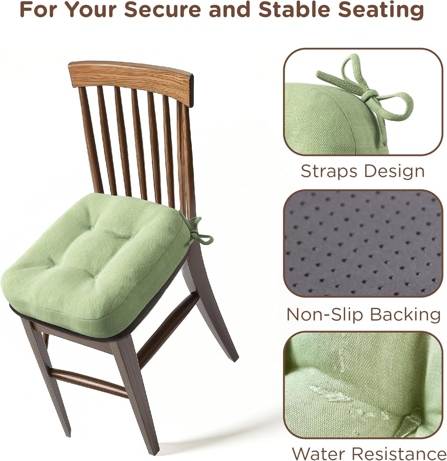 Codi Dining Chair Cushions 4 Pack, Thick Chairs Pads for Indoor Kitchen Room - Washable, Non-Slip Memory Foam Seat Cushion with Ties, 16.5"x16.5"x 3.5", Set of 4, Sage