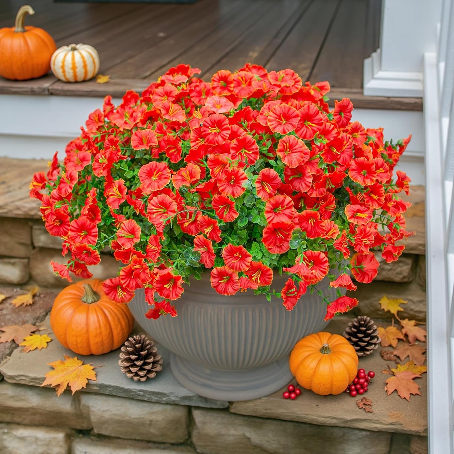 Artificial Fall Flowers Fake Plants for Outdoors Autumn Decoration, 12 Bundles Orange Silk Morning Glory with Eucalyptus Look Real UV Resistant Faux Flowers for Outside Planters Front Door Yard Indoor