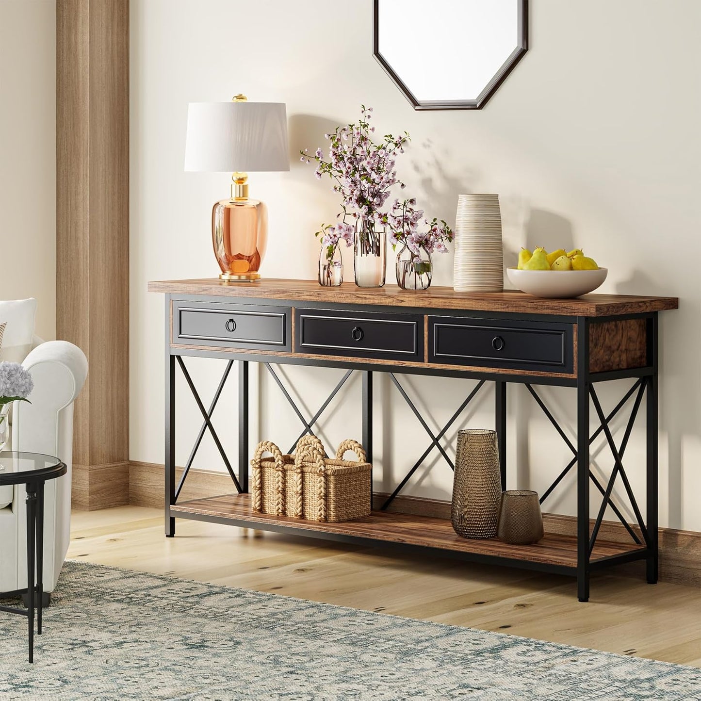 Tribesigns 70.8" Console Table with 3 Drawers, Farmhouse Entryway Table with Storage Shelf, Narrow Long Sofa Foyer Table for Entryway, Hallway (Brown/Black)