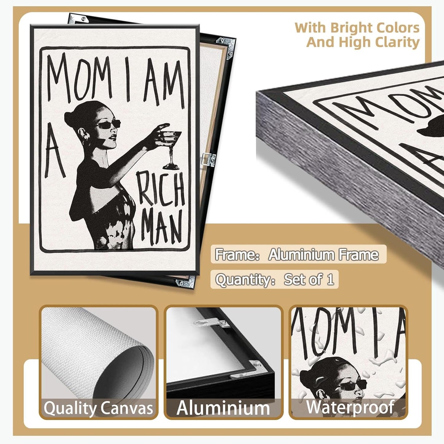 Mom I Am A Rich Man Aesthetic Retro Music Goblet Poster Feminist canvas Wall Art Vintage Bar Cart Wall Decor Preppy Dorm Decor Unique Wall Art prints painting 12x16in Framed