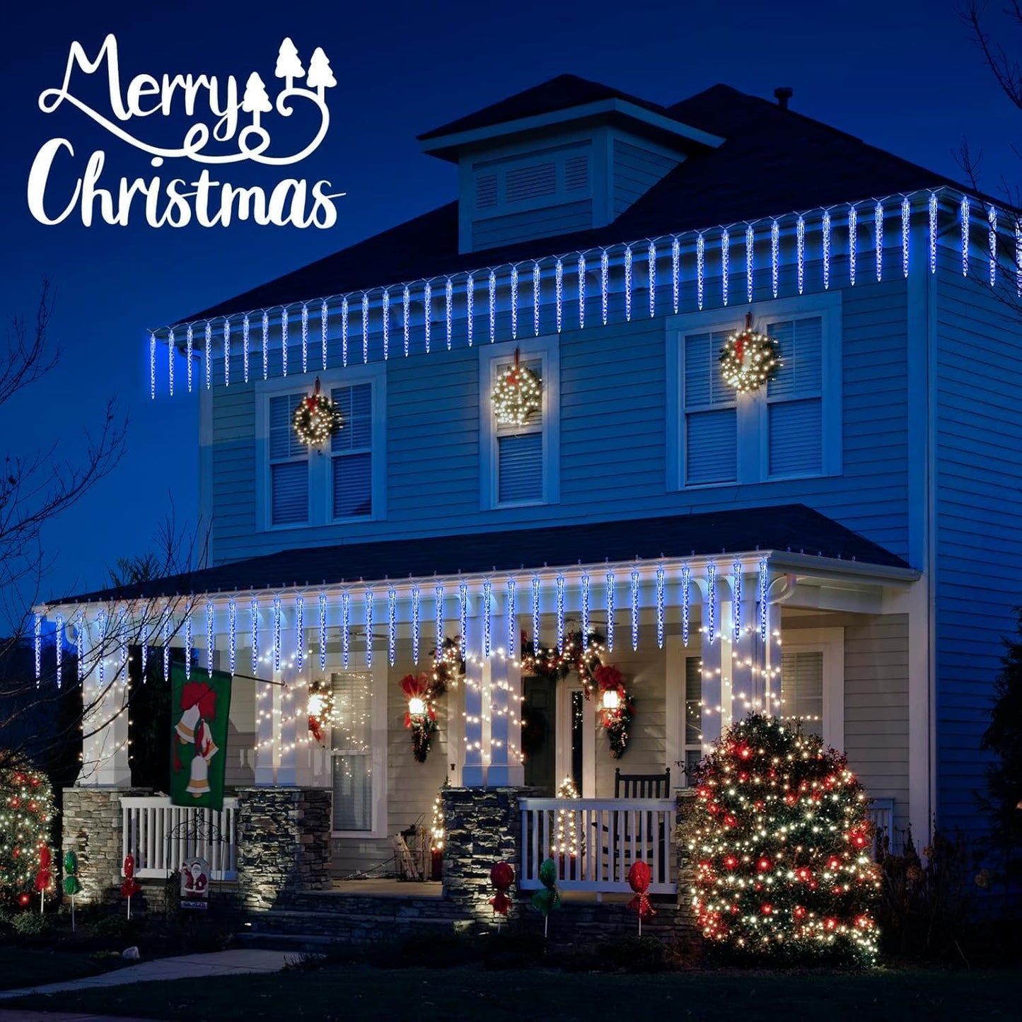 Brightown Christmas Meteor Shower Icicle Lights Outdoor, 30ft with 30 Tube 720 LED Dropping Effect, Waterproof Decorations for House Eave Roofline, Blue