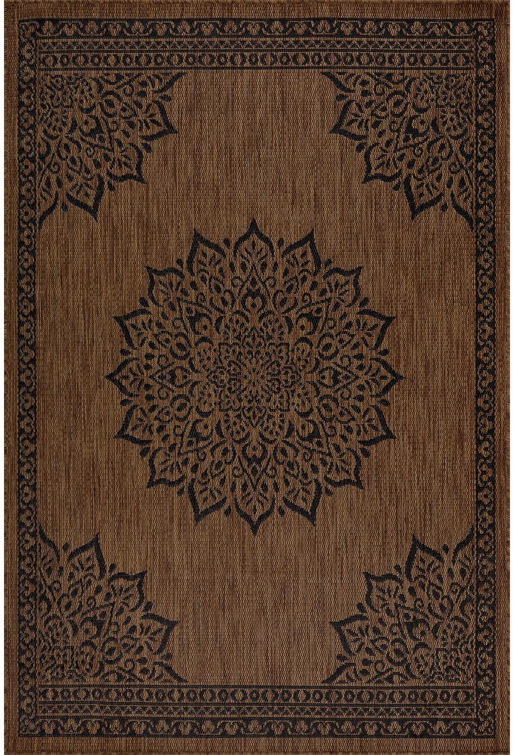 CAMILSON Outdoor Rug, 9x12 Medallion Nut Brown Black Modern Area Rugs for Large Indoor and Outdoor Patios, Kitchen and Hallway Mats, Washable Porch Deck Outside Carpet (Nut Brown Black, 9 x 12)