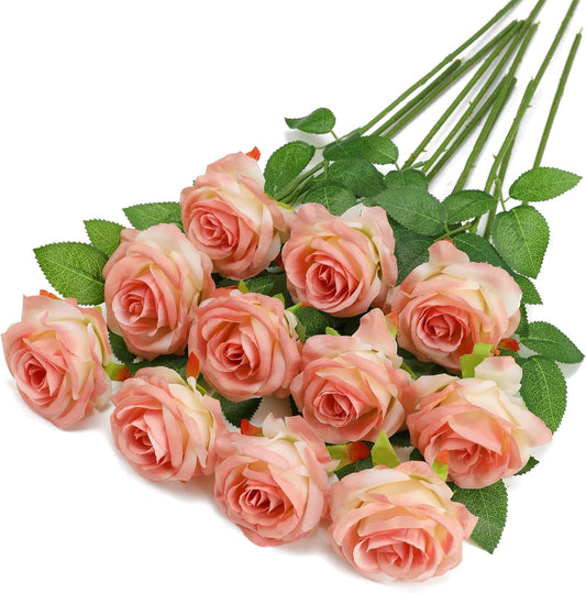 Pink Fake Roses Artificial Flowers - 10 Pcs Fake Artificial Roses Silk Flowers with Stems for Home Wedding Hotel Office Centerpiece Decor（Gradient Pink）
