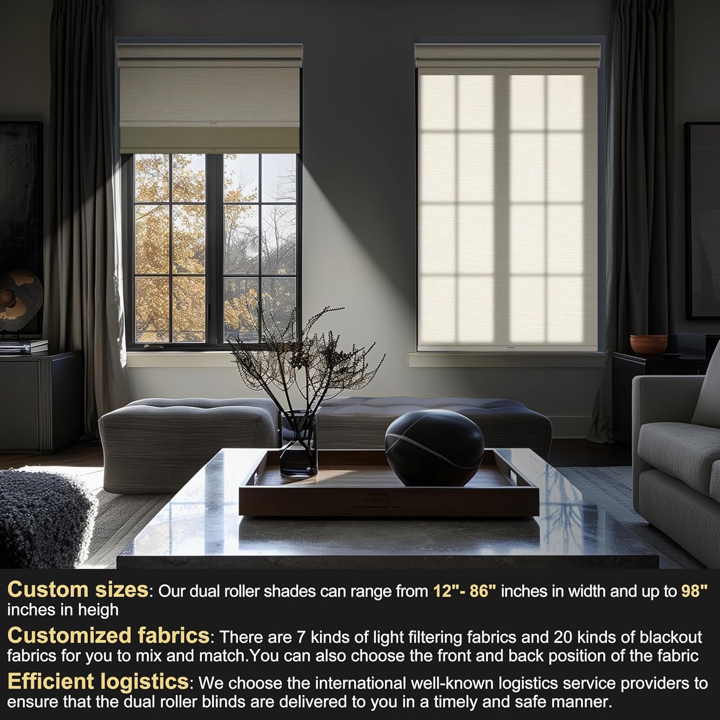 BERISSA Cordless Dual Roller Shades with Cassette Valance, Double Window Shades - Blackout and Light Filtering, Day and Night for Home Office Door. Striped Jacquard Beige. 44 W x 44" H