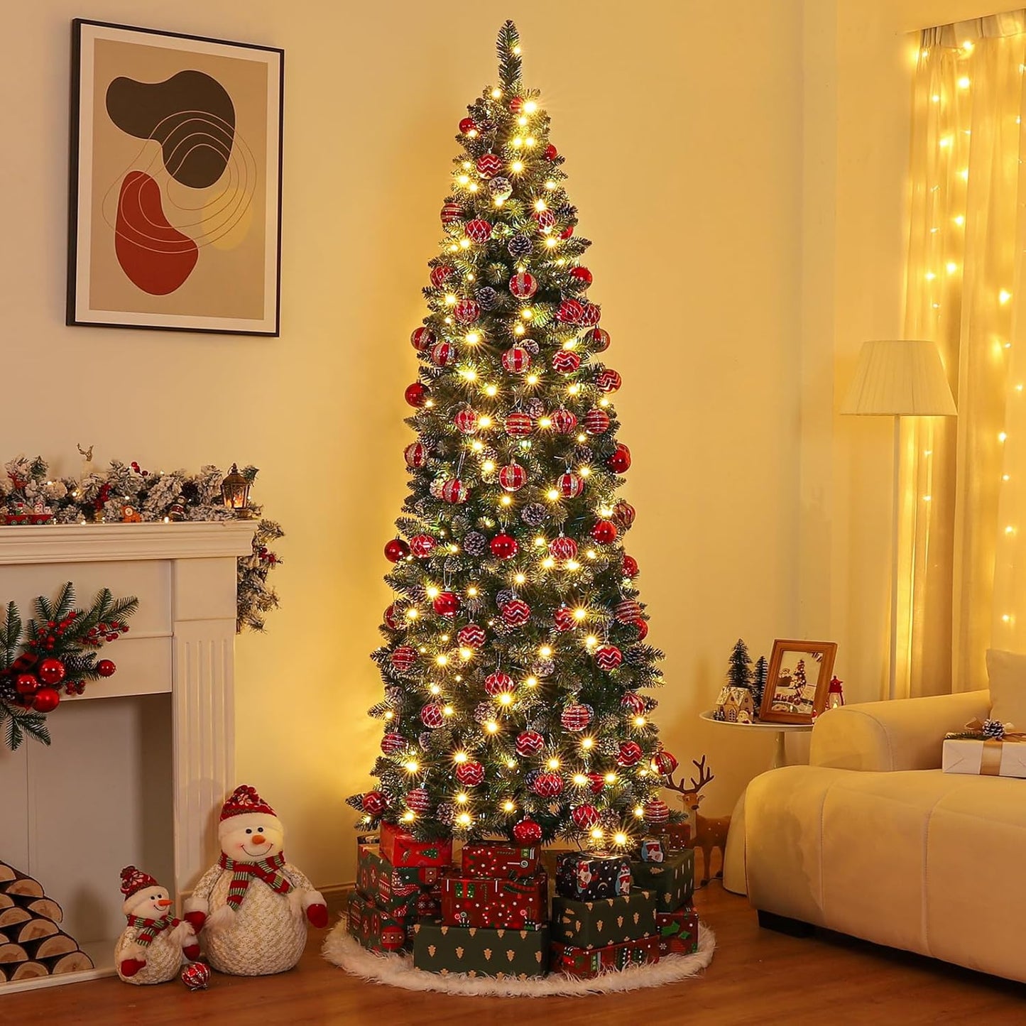 Homde Pencil Christmas Tree 7 Foot Pre-Lit Artificial Christmas Tree with Flocked Snow Pine Cone 210 Warm White Light Holiday Decor