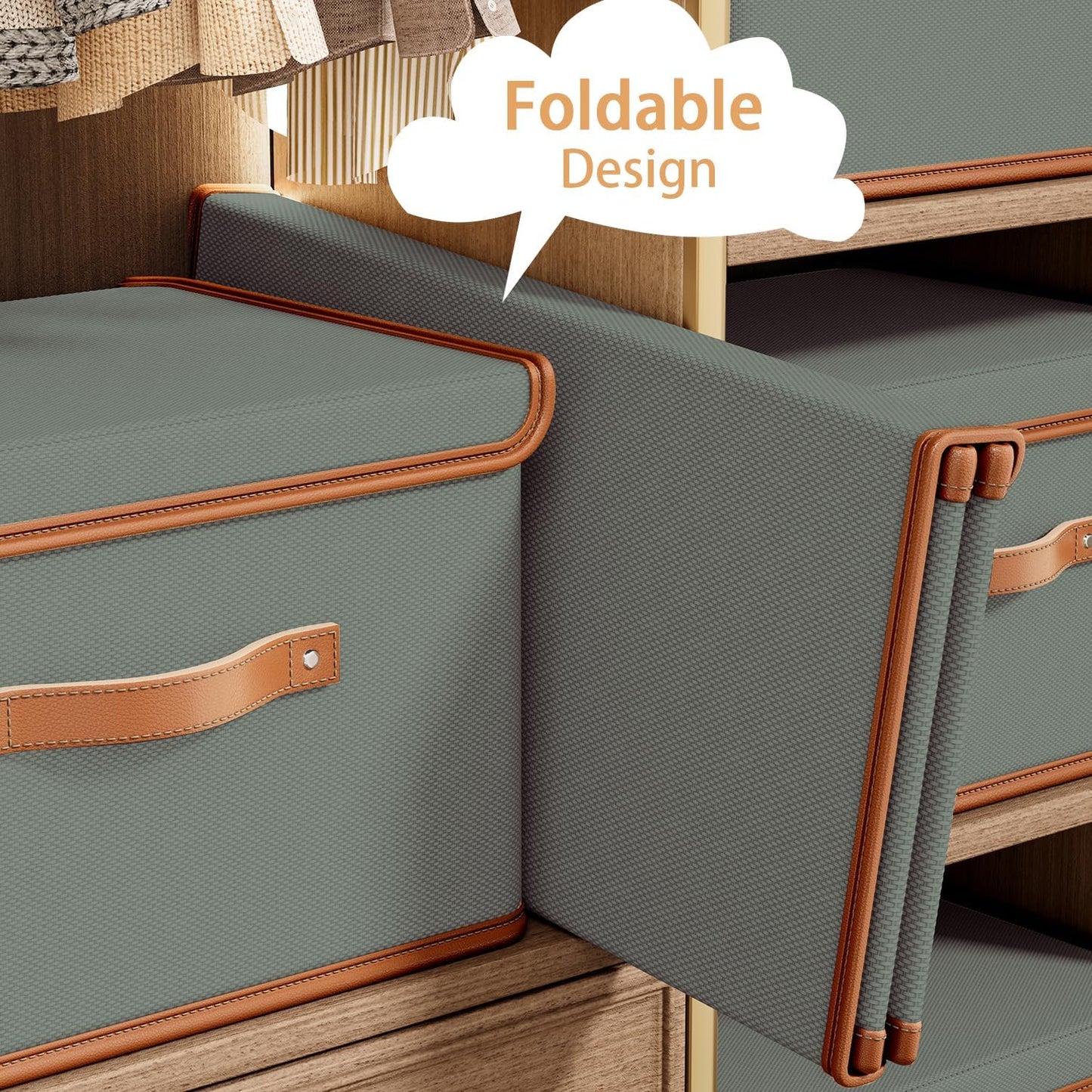 Tuza 4 Pack Storage Bins with Lids, Collapsible Closet Organizer Container, Fabric Organizer Box with Handles, Decorative Storage Boxes with Lids for Organizing Clothes, Blanket, Grey, Medium