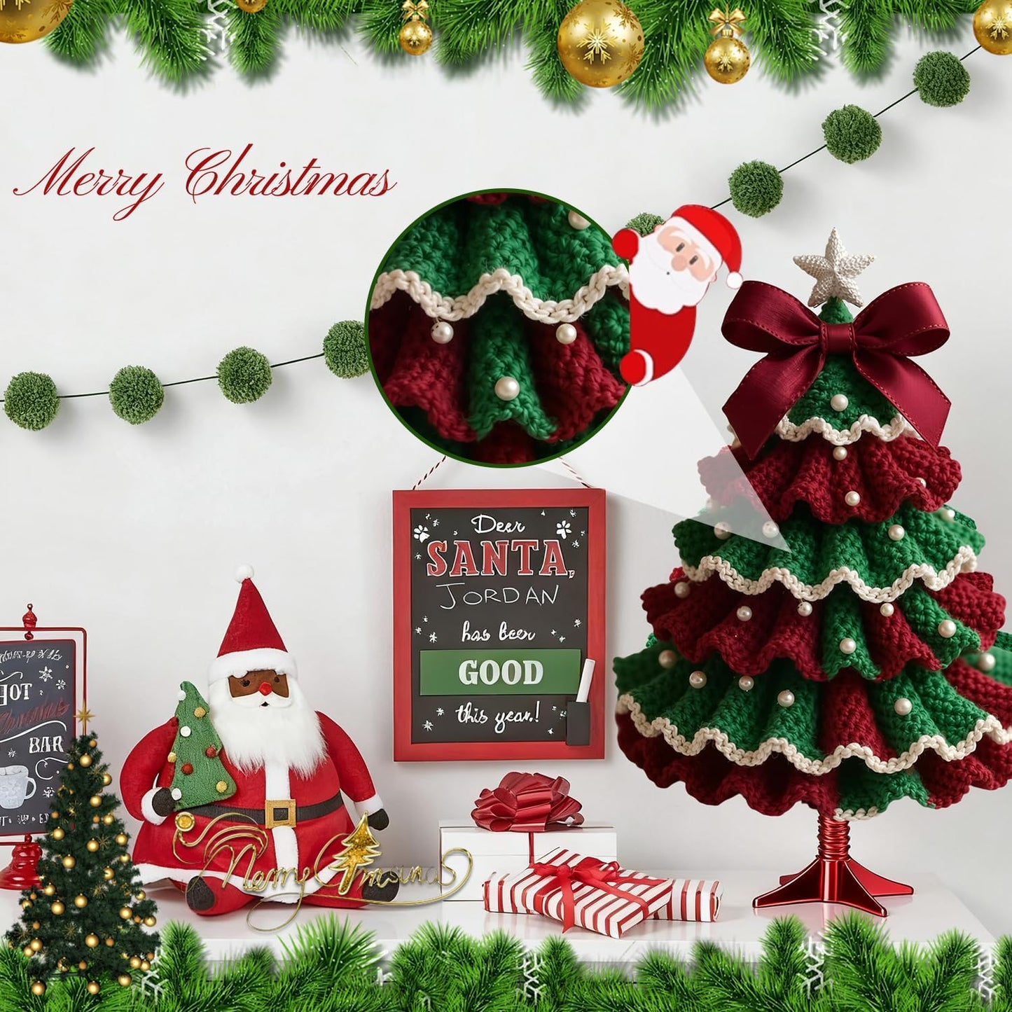 SHANGFEI DIY Crochet Christmas Tree Kit,Handmade Crochet Christmas Tree,Tree Bow Pearl Embellishment,Beginner Christmas Crochet Kit,Christmas Craft Kit(Red+Green)
