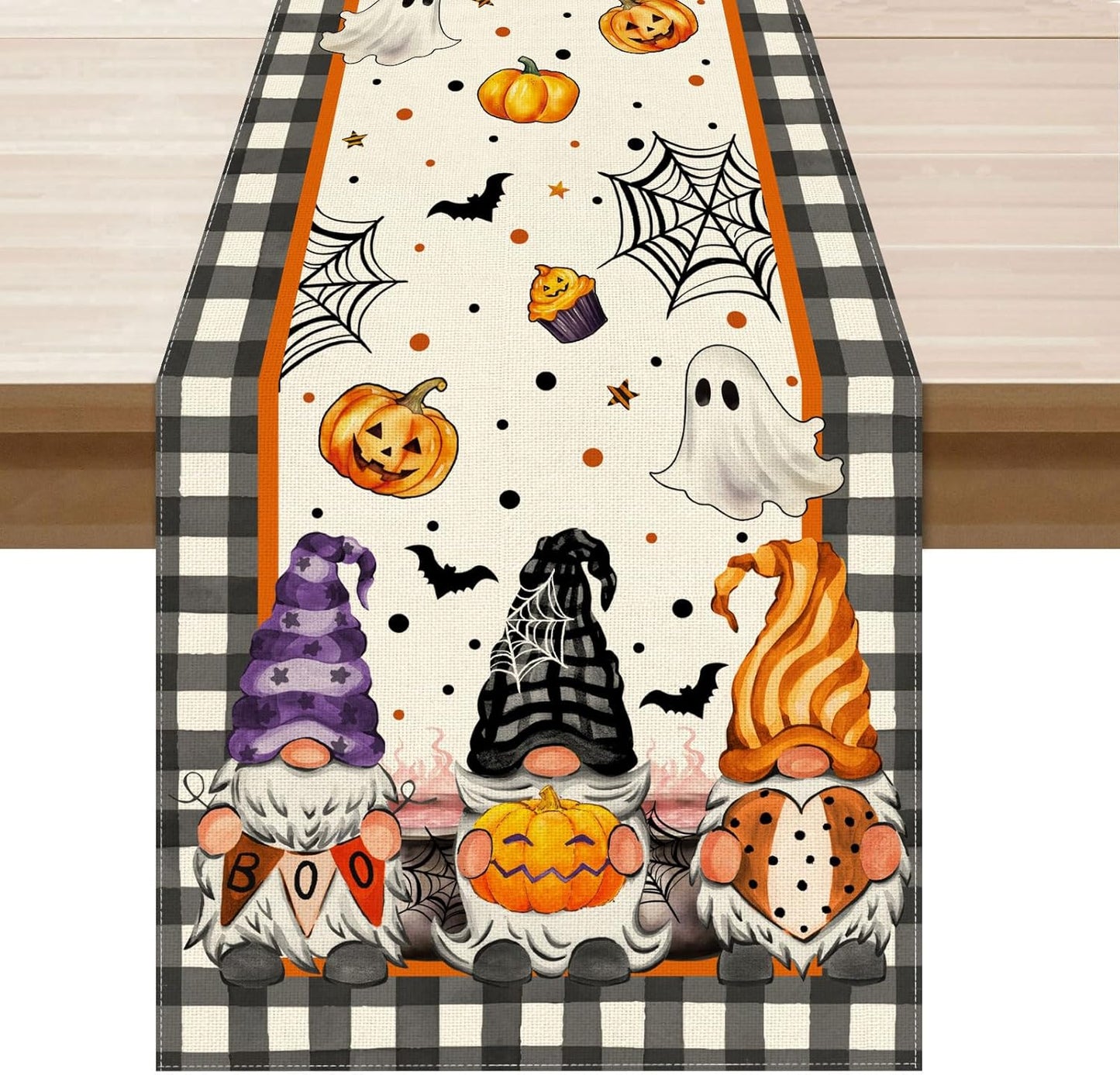XCHI Spooky Boo Plaid Gnome Halloween Table Runner Party Table Decoration for Home Kitchen Dining Holiday Decor 13x48 Inch