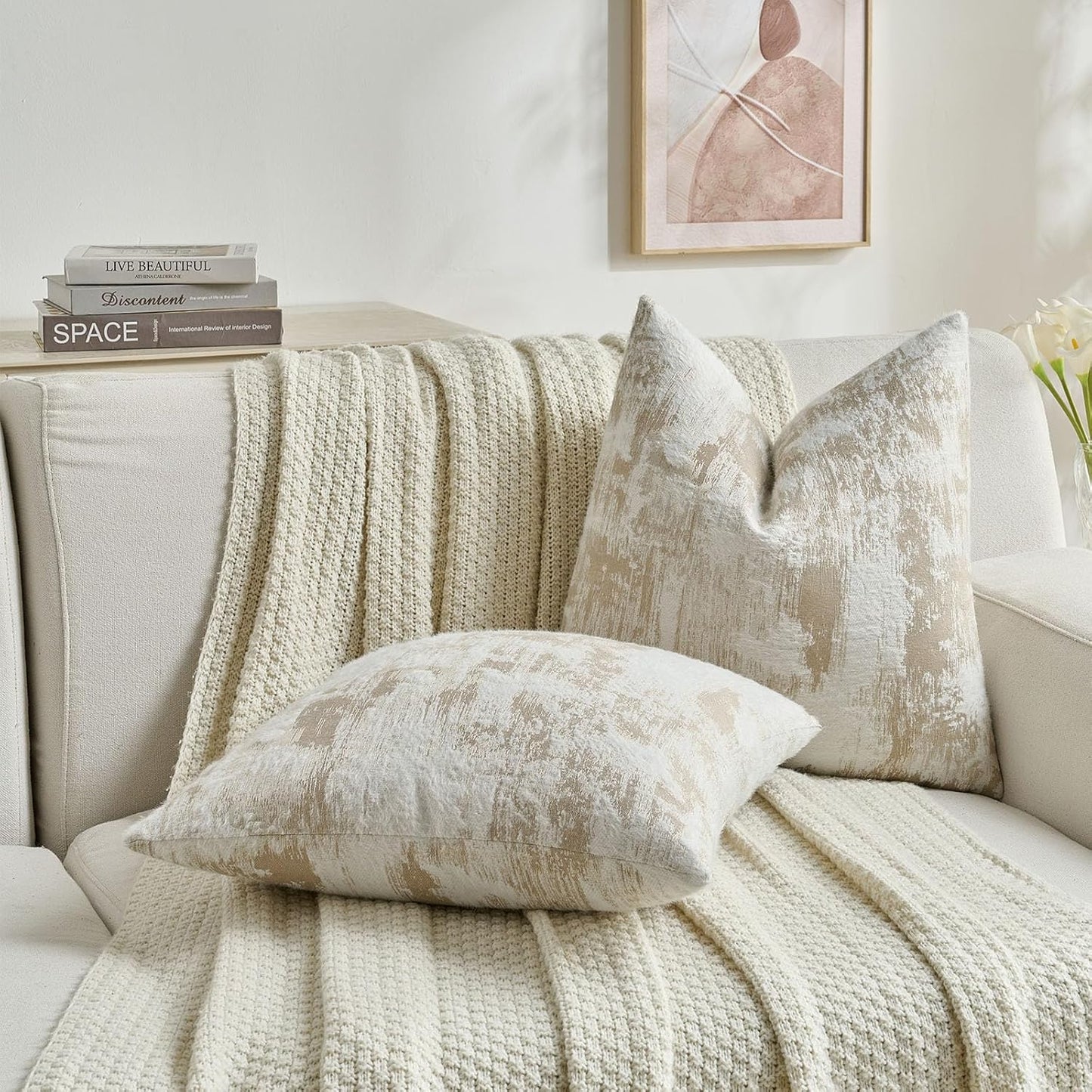 FUTEI Brown White Decorative Throw Pillow Covers 12x20 Inch Set of 2,Soft Faux Cashmere Jacquard - Textured & Cozy Pillow Case,Modern Home Decor for Couch Bed Living Room