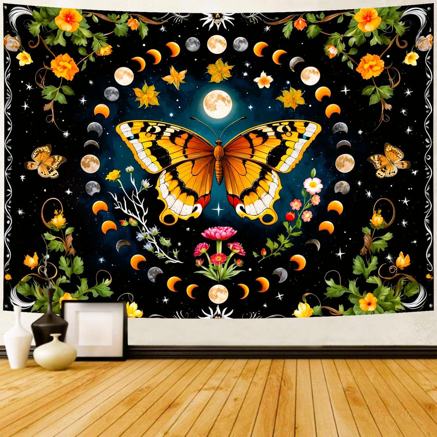 Delur Butterfly Moon Flower Tapestry Botanical Floral Plant Boho Tapestry Wall Hanging Mandala Aesthetic Mushroom Retro Vintage Headboard for Bedroom Living Room Home Decor (70.8" x 92.5")