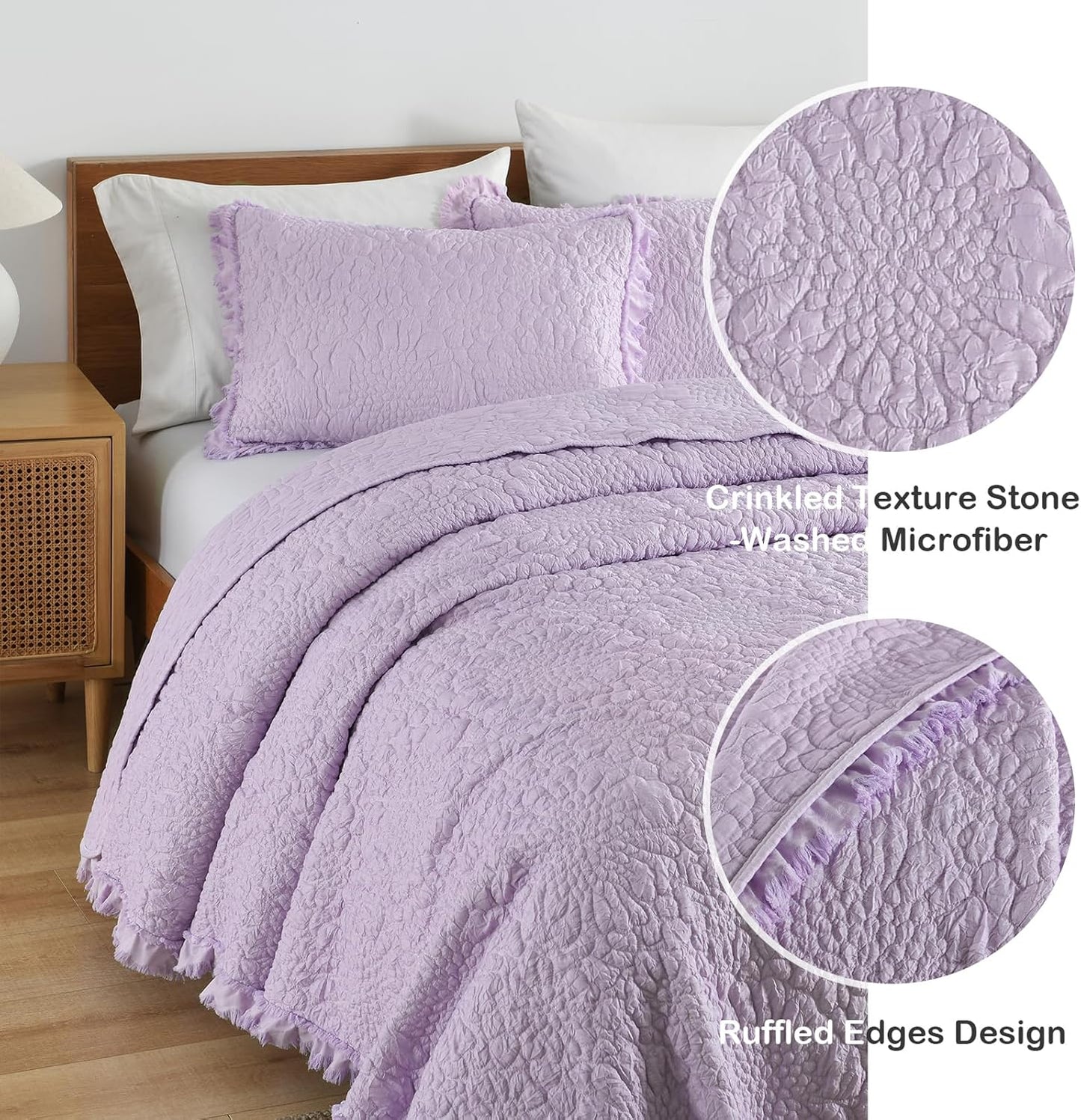 HORIMOTE HOME Lavender Ruffled Quilt Queen Size, Stone-Washed Microfiber Lightweight Crinkled Farmhouse Rustic Shabby Chic Bedding Set, 3 Pieces Reversible Bedspread with Pillow Shams for All Season