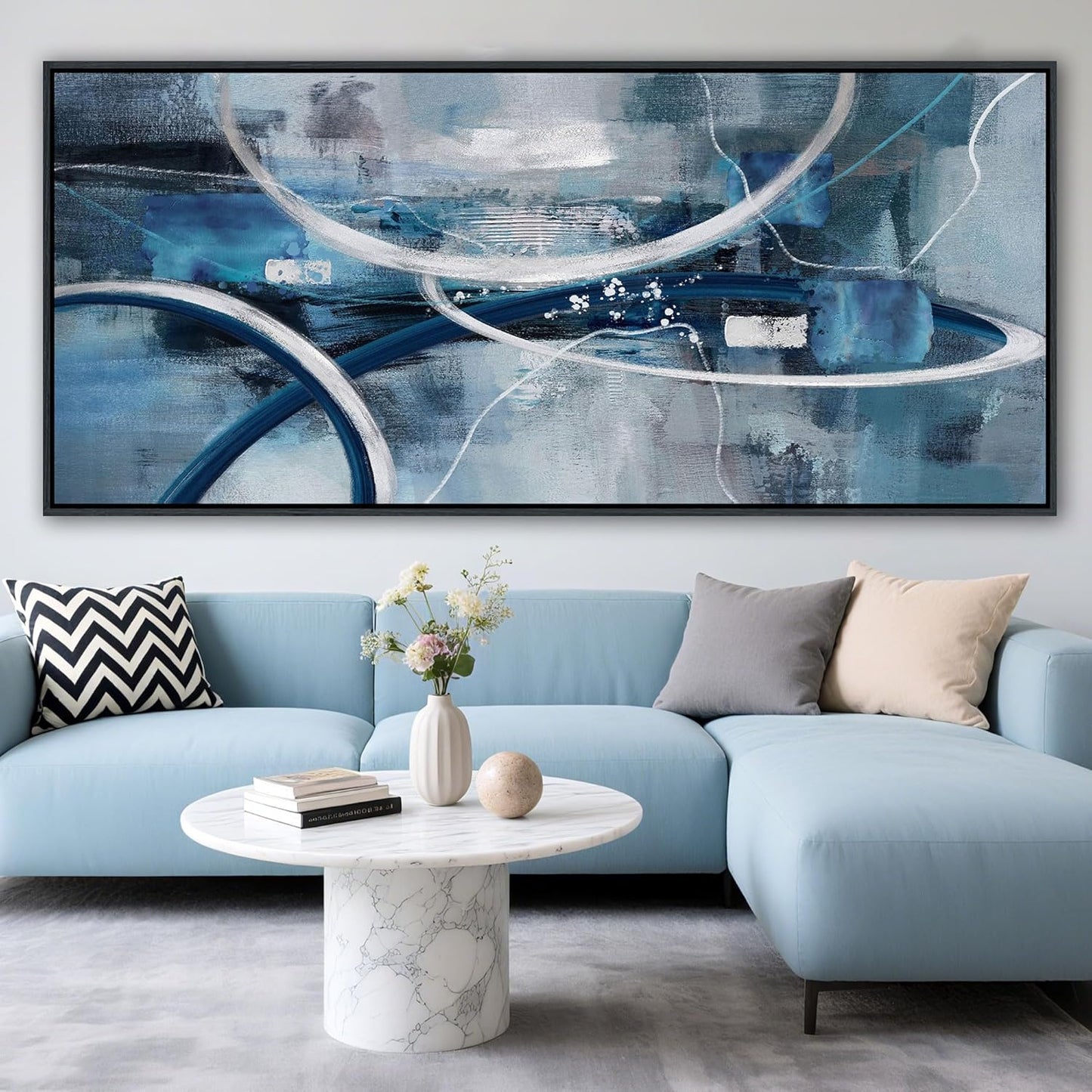 XLSJERST Large Abstract Canvas Wall Decor - 86x39 Inches Modern Living Room Wall Art Elegant Combination of Tones Black and White Gray Background Blue Gradient Picture