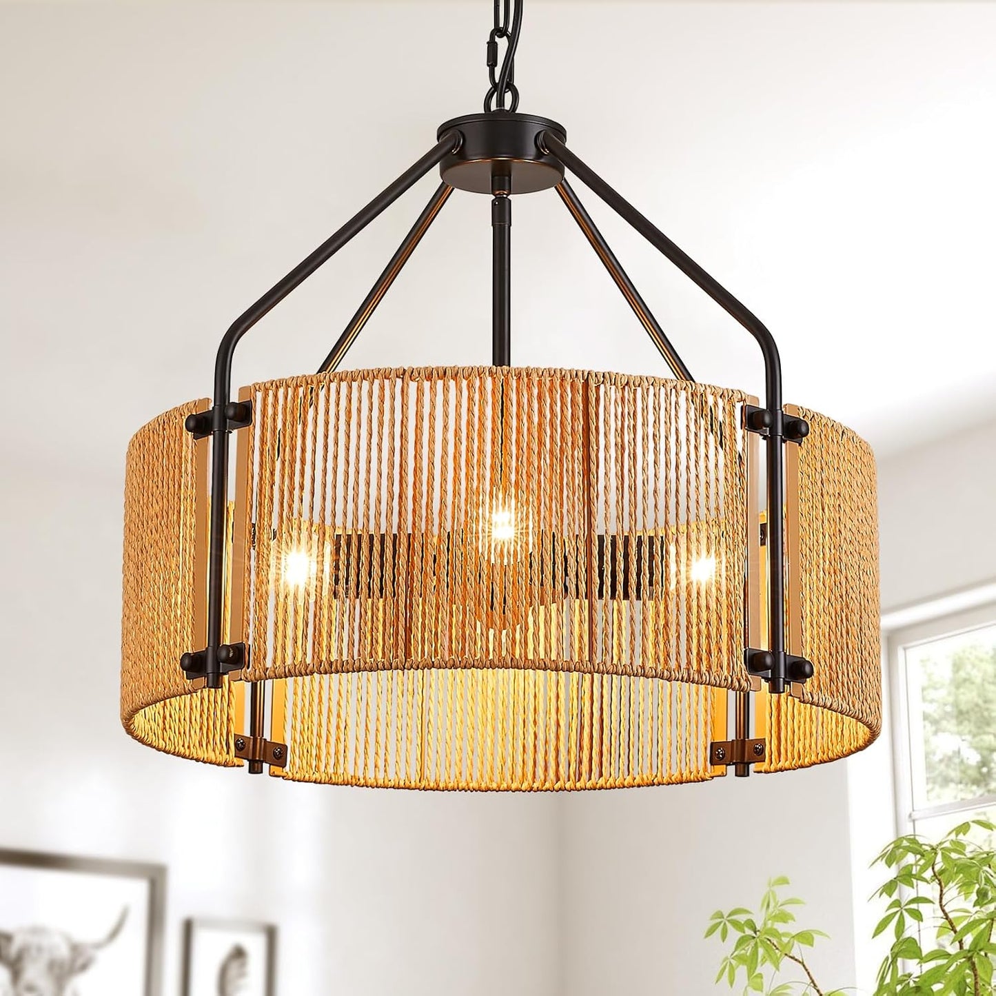 18.1" Rattan Chandelier, 4 Lights Large Black Chandelier Wicker Woven Pendant Light Boho Hanging Lamp for Living Dining Room Foyer Kitchen Island Entryway Foyer, E26, Height Adjustable