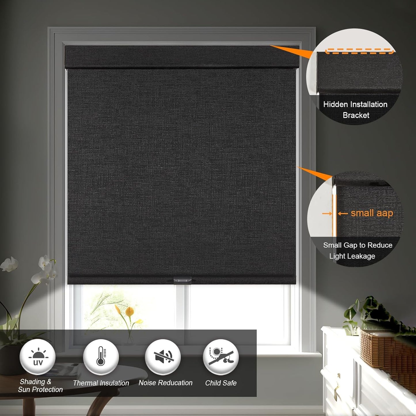 Persilux Free-Stop Cordless Blinds for Indoor Windows with Cover, Window Shades Blackout Roller Blinds, Thermal Insulated Fabric UV Protection for Kitchen, Office, Living Room, Black(32" W x 64" H)