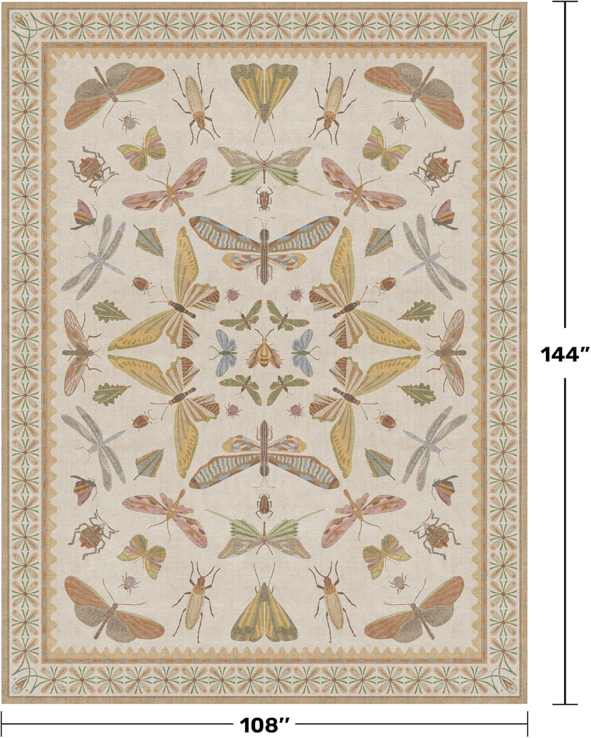 Beige Dining Table Rug - 6x9 Area Rugs for Bedroom, Living Room, Cute Kids Room, Large Fun Insect Butterfly Vintage Non-Slip Décor, Low Pile Stain Resistant