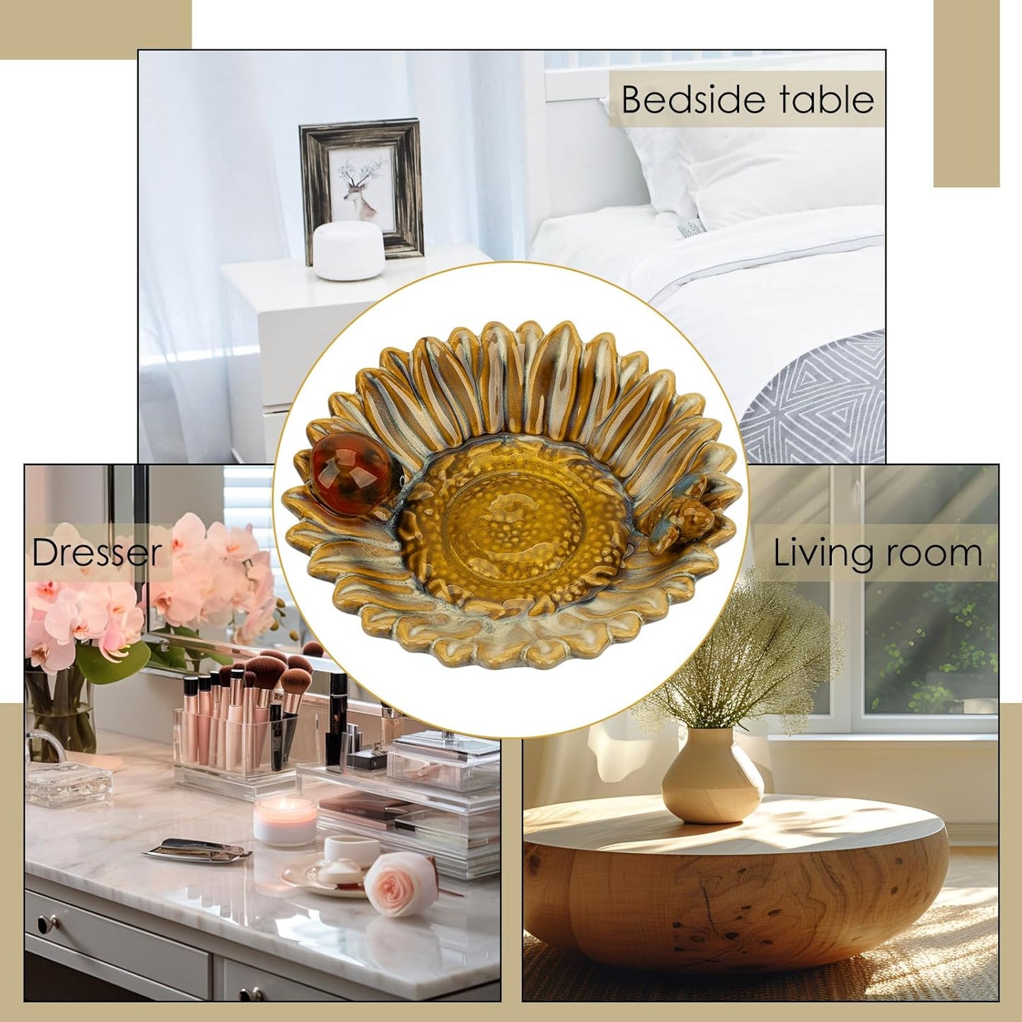 Sunflower Jewelry Dish Trinket Tray Ceramic Key Tray Bowl for Entryway Table, Sunflower Candy Dish Soap Holder Decorative Bowl for Home Decor Kitchen Sink Bathroom Counter (Bee, Ladybug)