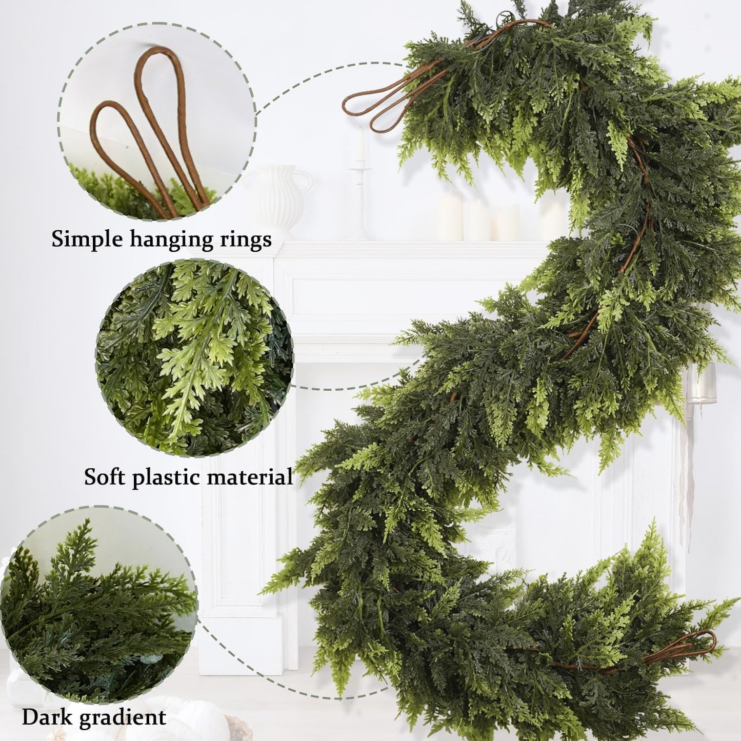 6 Ft Artificial Cedar Garlands – Real Touch Winter Greenery, Realistic Artificial Cedar Tree Christmas Pine Garland Decorations for Table Mantle Wall Indoor Fireplace Holiday Party (5ft, 2)