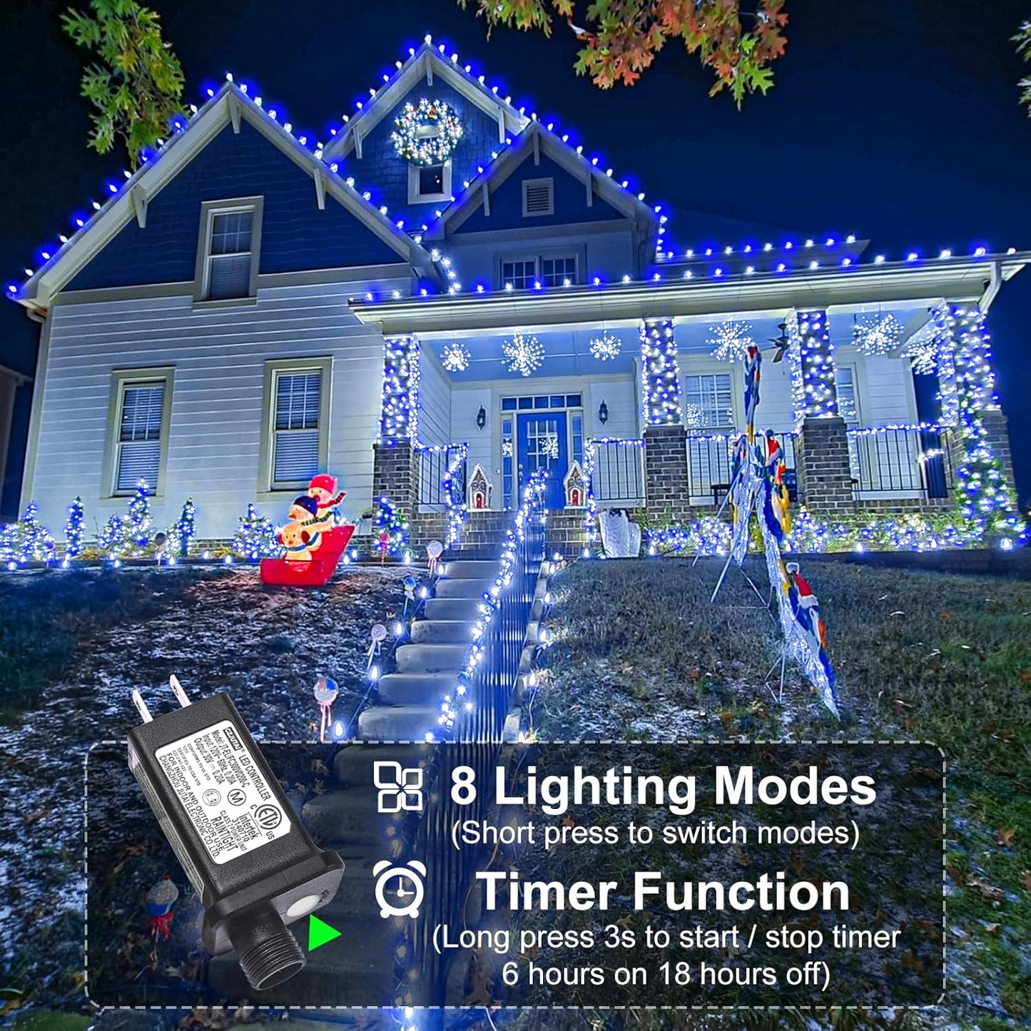 Christmas Lights Outdoor, 66FT 200 LED Christmas Tree Lights with 8 Modes Waterproof, Green Wire Plug in String Light for Indoor Patio Garden Xmas Party Wedding Holiday Decor, Blue White