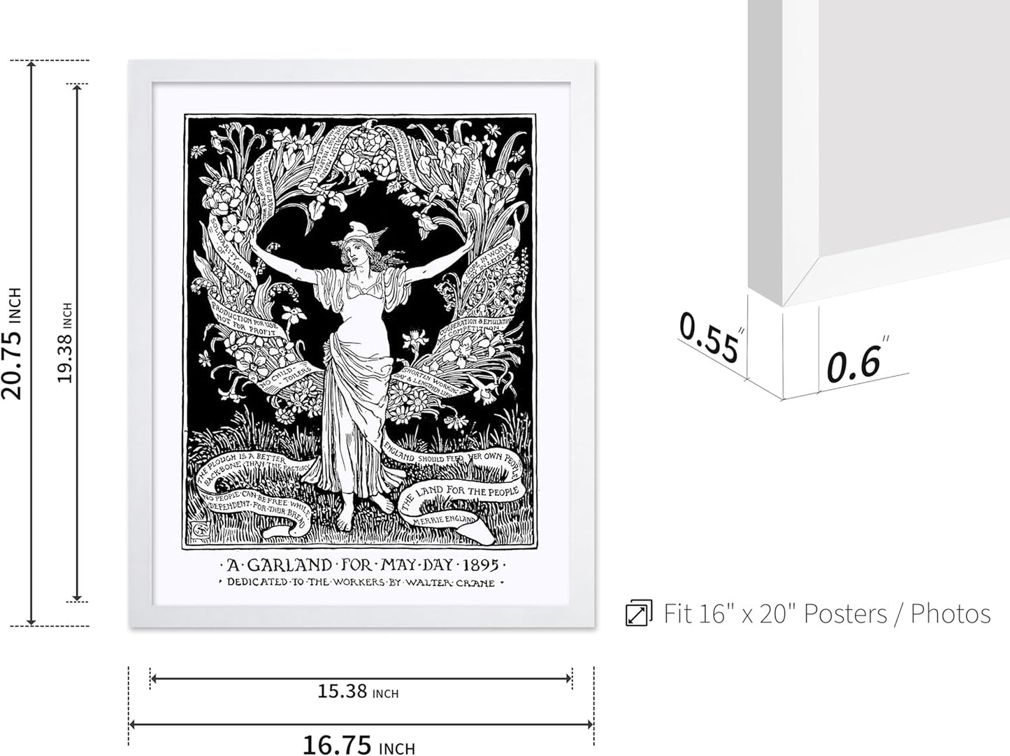 Poster Master Vintage Walter Crane Poster - Retro A Garland for May Day Print - Socialist Art - Gift for Him, Her, Men, Women - Wall Decor for Home, Office, Living Room, 16x20 White Framed