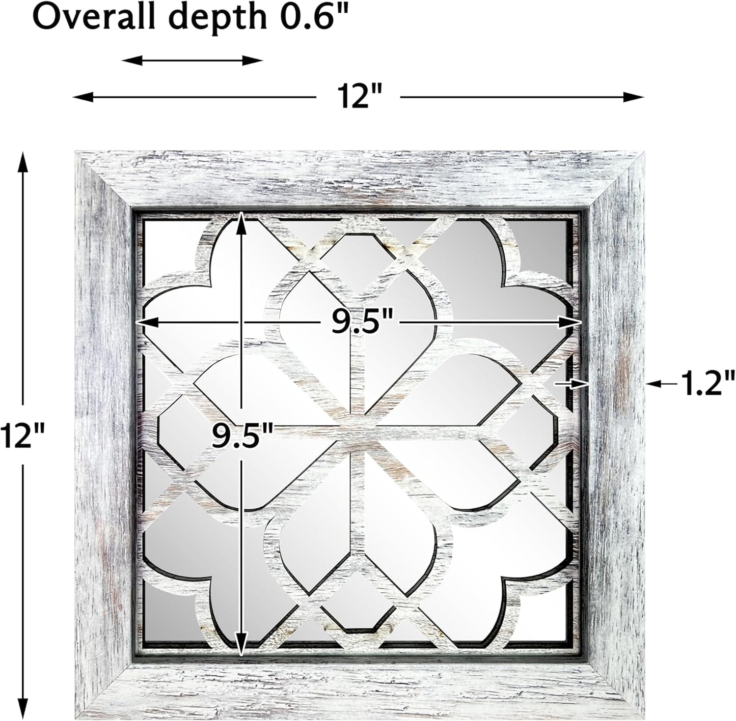 4pcs Farmhouse Wall Mirror with Carved Floral Design -Rustic Mirror Decor for Home, 12x12 inch(Grey)