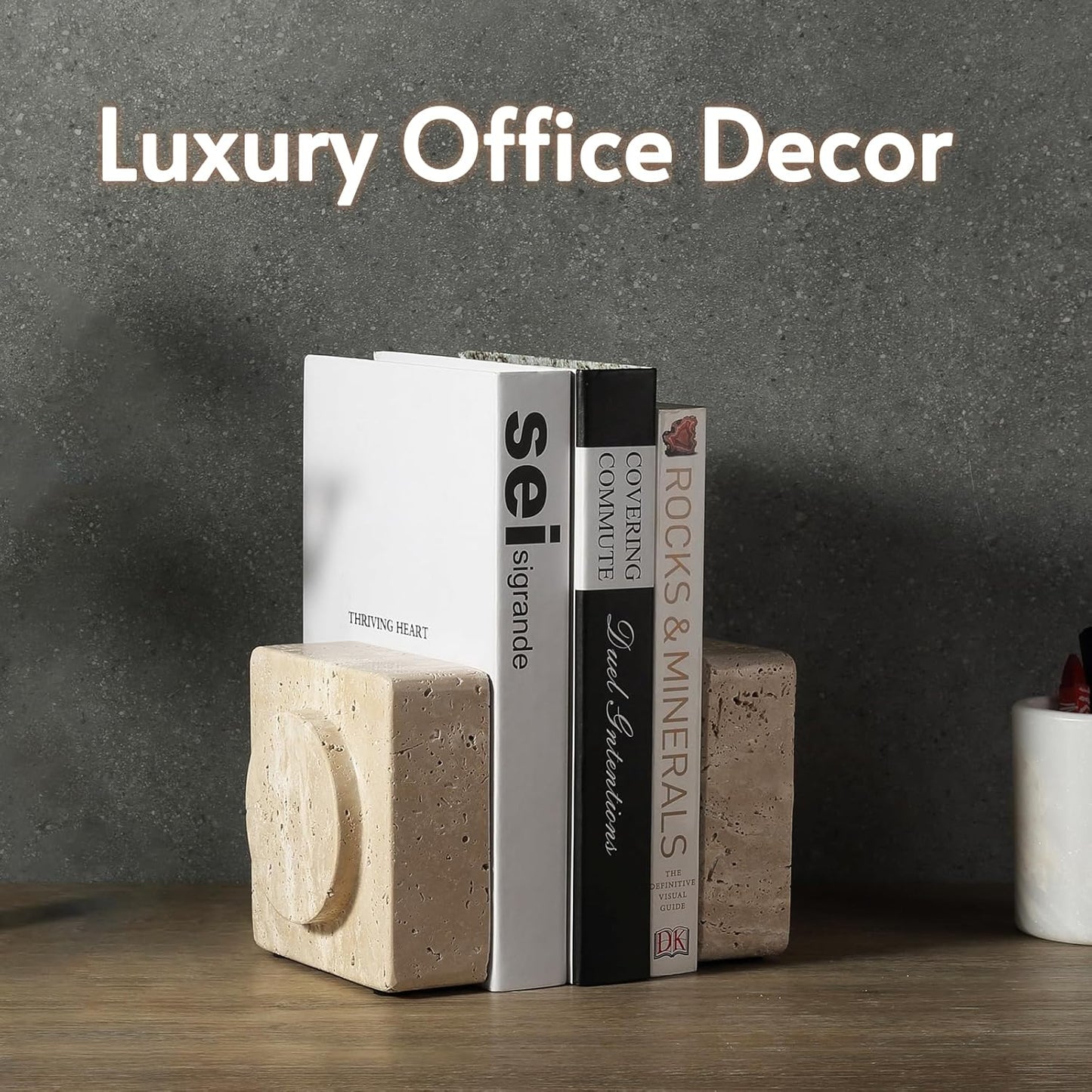 Koville Marble Square Book Ends, Heavy Duty Book Holders, Bookends for Shelves, Office Bookshelf Decor for CDs/Video Games(Travertino Romano)