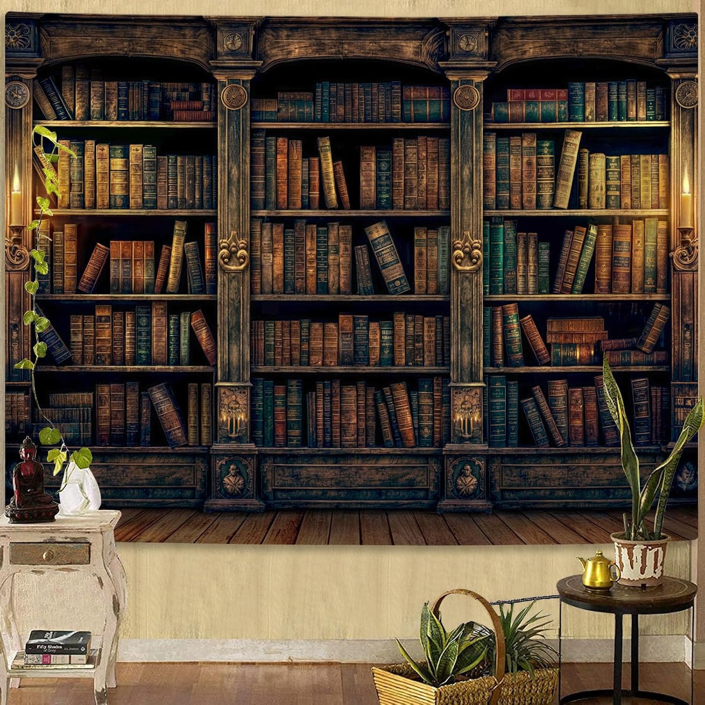 YEXIT Retro Bookshelf Wall Tapestry, Vintage Books Study Library Tapestries for College Dorm Bedroom Magic Caslte Backdrop 60×80 inch