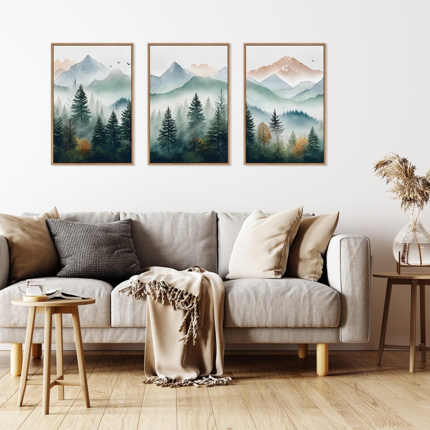 HLNIUC Misty Mountain Forest Framed Wall Art Set,Green Fog Pine Tree Wall Decor,White Foggy Forest Senic Canvas Wall Painting,Fogforest Landscape Art Print for Living Room,Bedroom,Office - 16”x24”x3