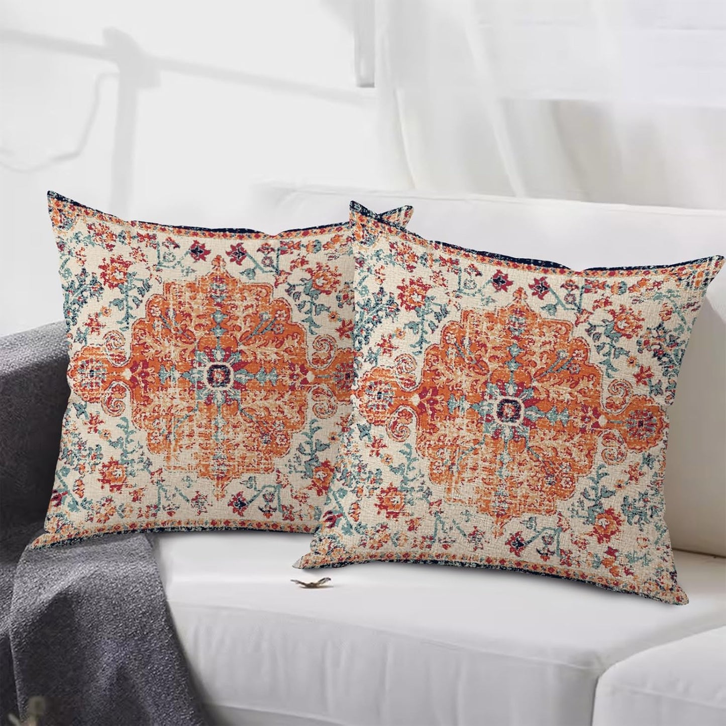 Outdoor Waterproof Pillow Covers - 20x20 Inch Set of 2 Bohemian Vintage Carpet Pattern Pillow Covers in Orange and Blue Ethnic Design for Decorative Farmhouse, Couch, Garden, Balcony
