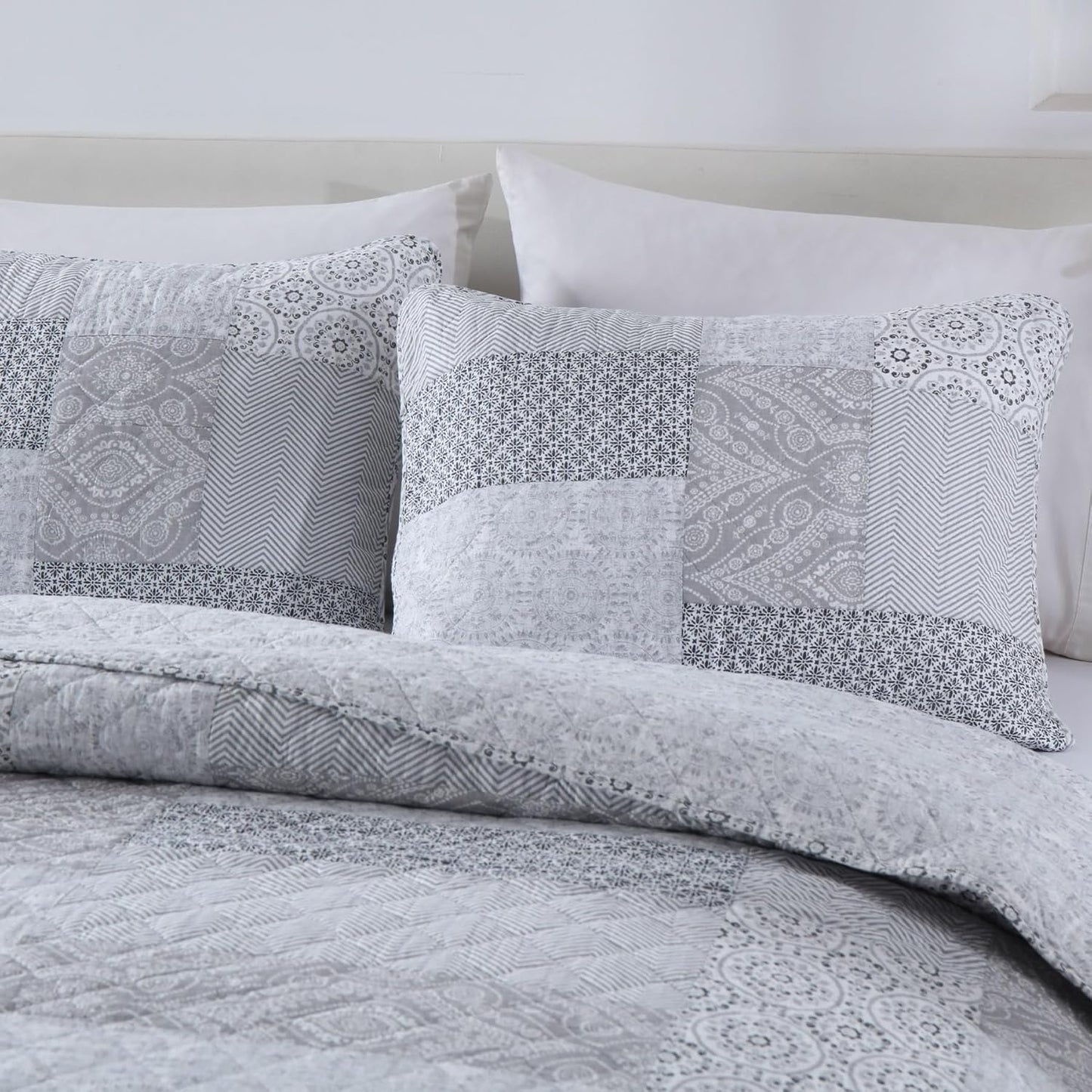 Secgo Queen Comforter Set for Bed - 100% Cotton Quilts Queen Size, Black Bedspreads (90 * 98 Inch) with 2 Pillow Shams, Patchwork Reversible Lightweight Bedding