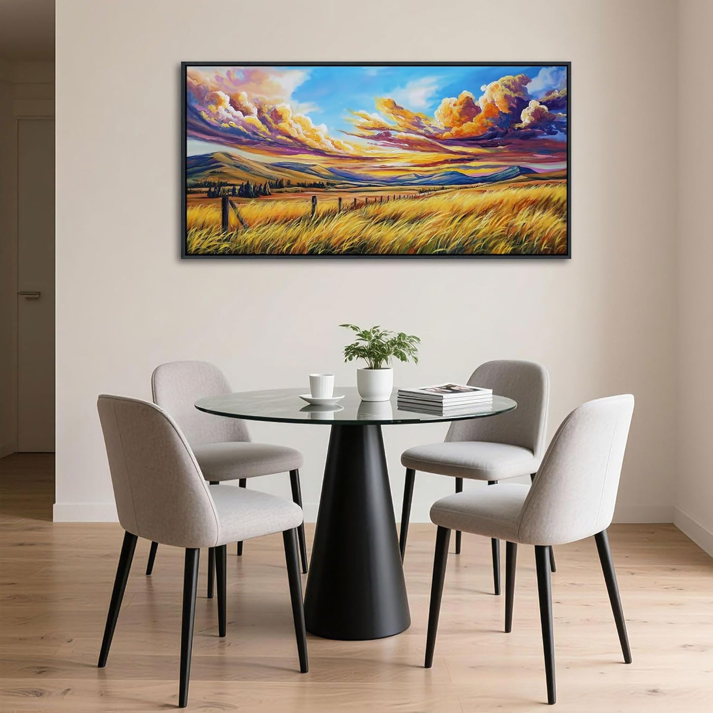 QZQCBLC Large Wall Art Living room, Golden Wheat Fields Mountain Clouds Fall Landscape Blue Oil Paintings Artwork for Bedroom Home Kitchen Office Wall Pictures Framed Decor 24x48 IN