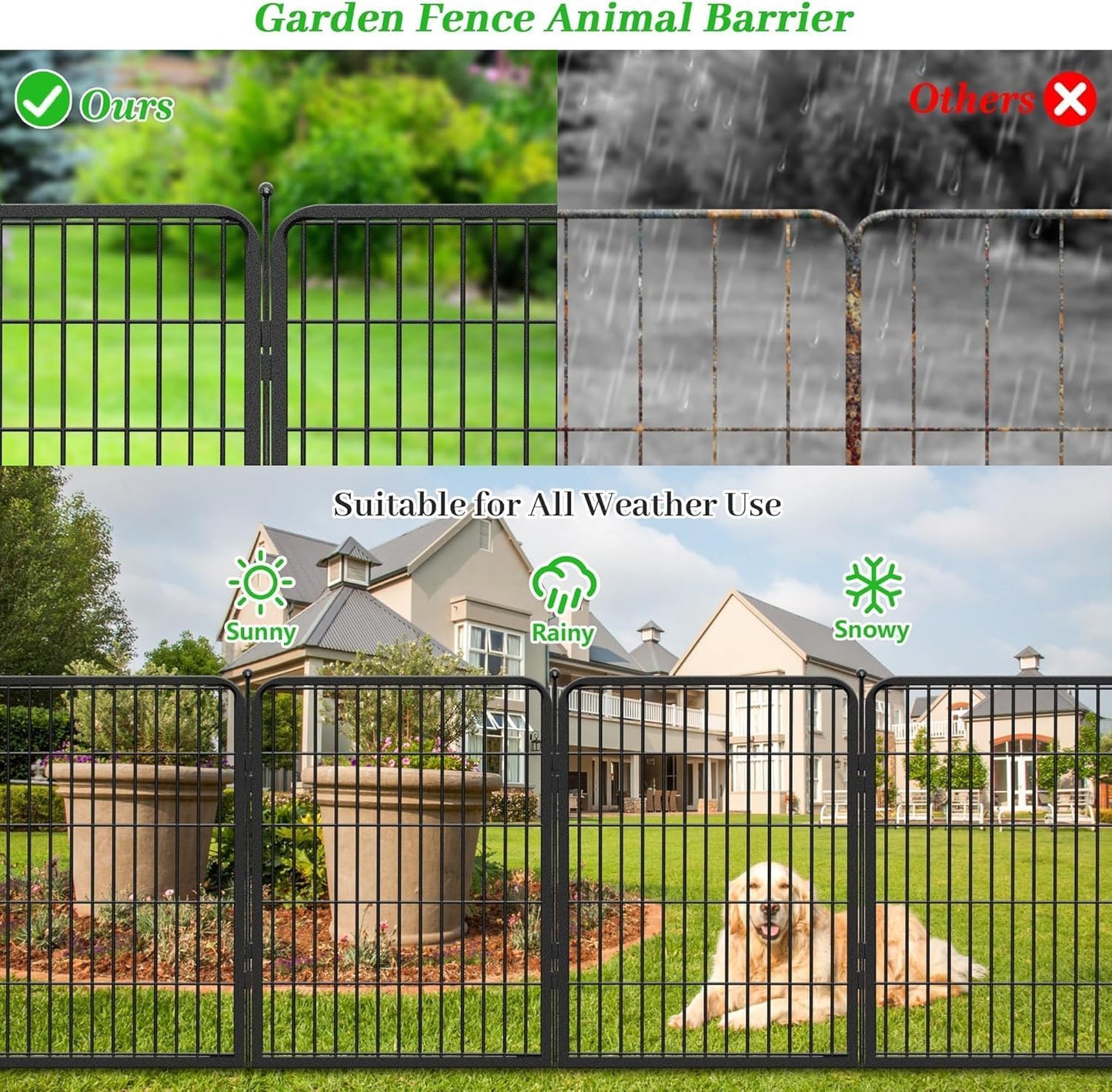 Decorative Black Metal Fencing Garden Fence with Gate, 23ft(L) 40in(H) 10 Fence Panels No Dig Fence Rustproof Animal Barrier Fence Temporary Dog Panels Fencing Outdoor
