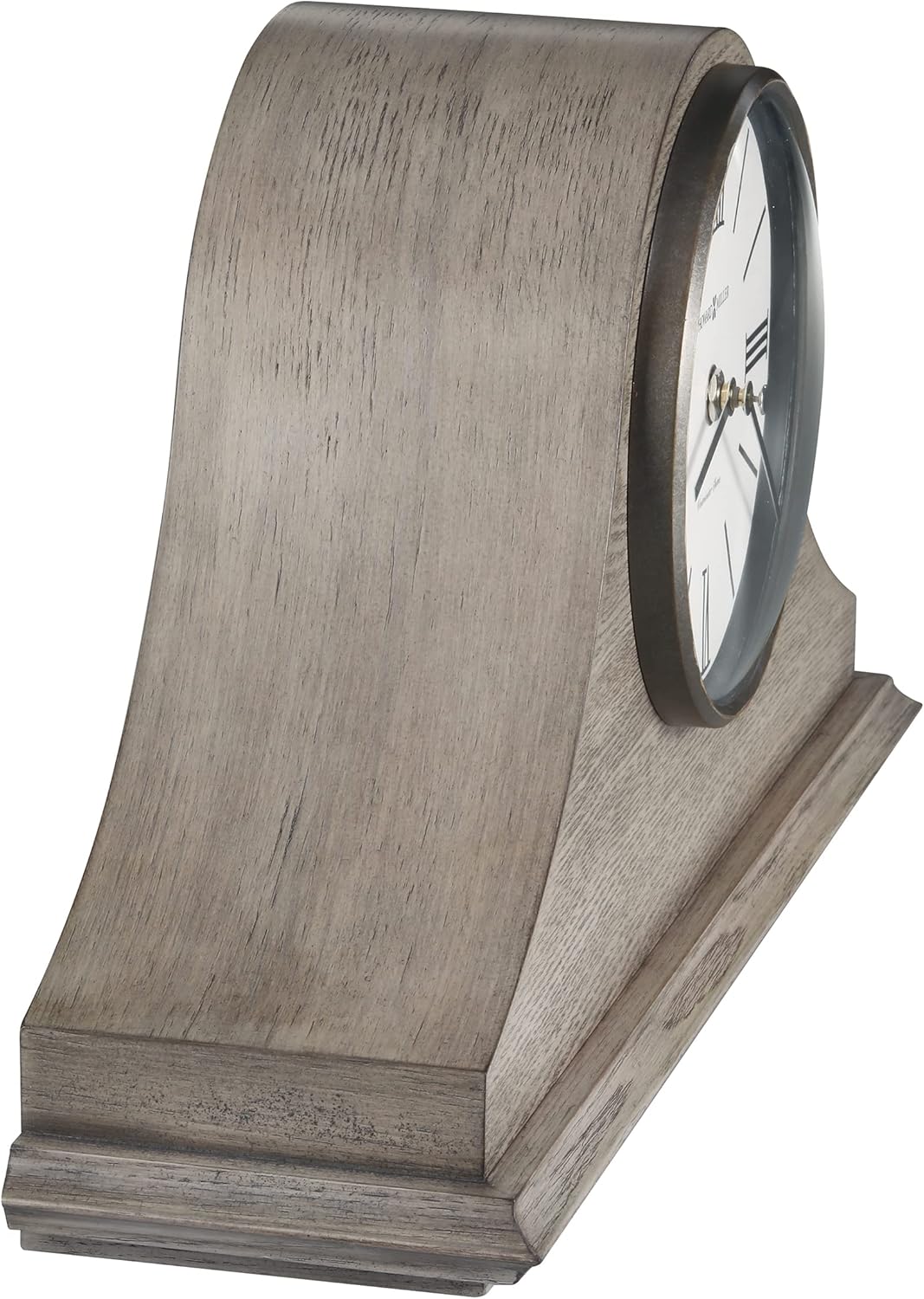 Howard Miller Lakeside Mantel Clock, Triangular Burl Overlays Gray Finish Sturdy Wooden Material, Vintage Analog Dial Roman Numerals with Black Bar Style Idle Timepiece for Office & Home Decor
