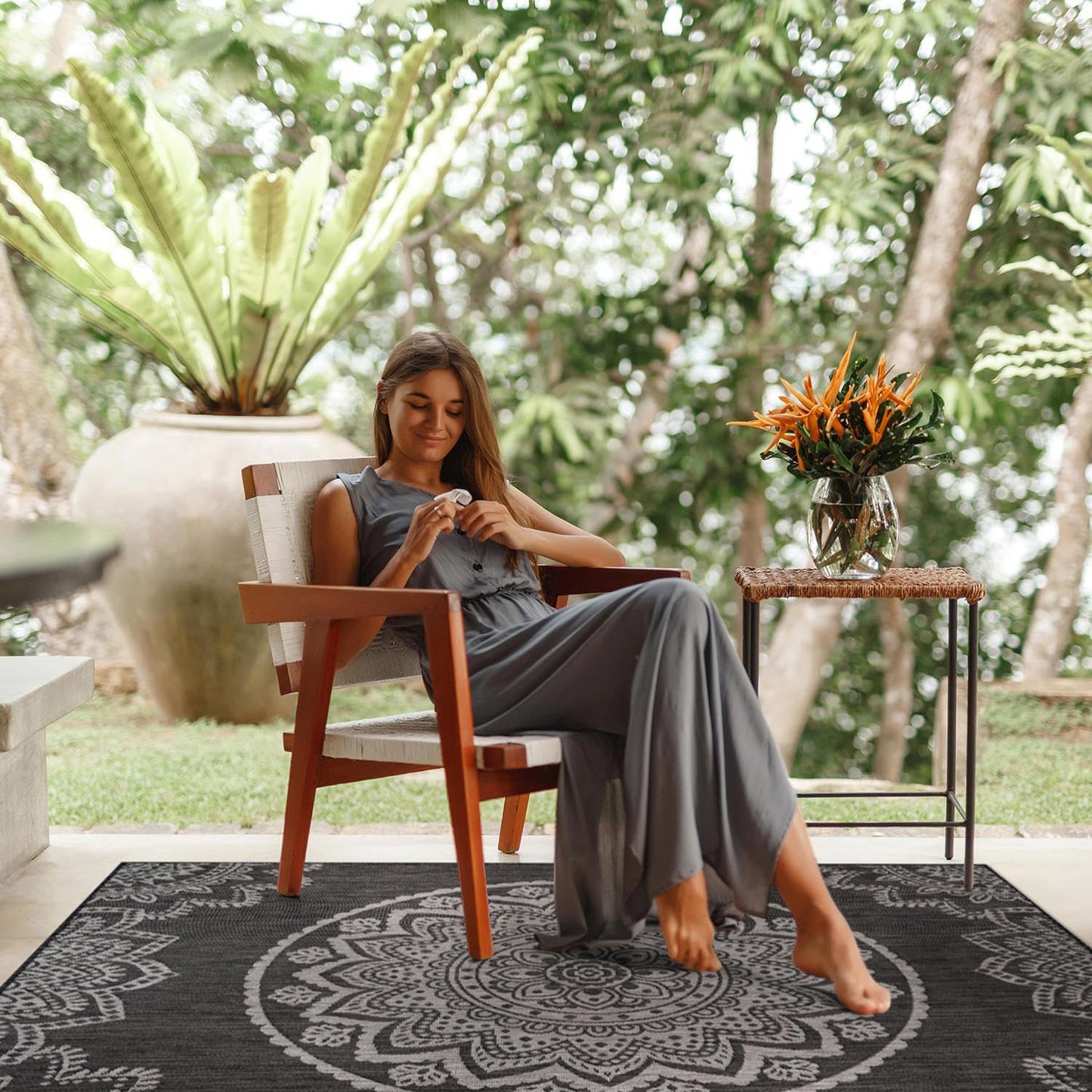 CAMILSON Outdoor Rug 6x9 Modern Area Rugs for Indoor and Outdoor Patios and Porches - Waterproof Washable Non-Shedding Easy-to-Clean Outside Carpet (6 x 9, Medallion - Dark Grey/Light Grey)