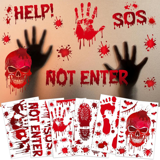 NEBURORA 6 Sheets Terror Bloody Handprint Footprint PVC Window Stickers Spooky Wall Decal and Floor Stickers for Halloween Decorations Party Decorations