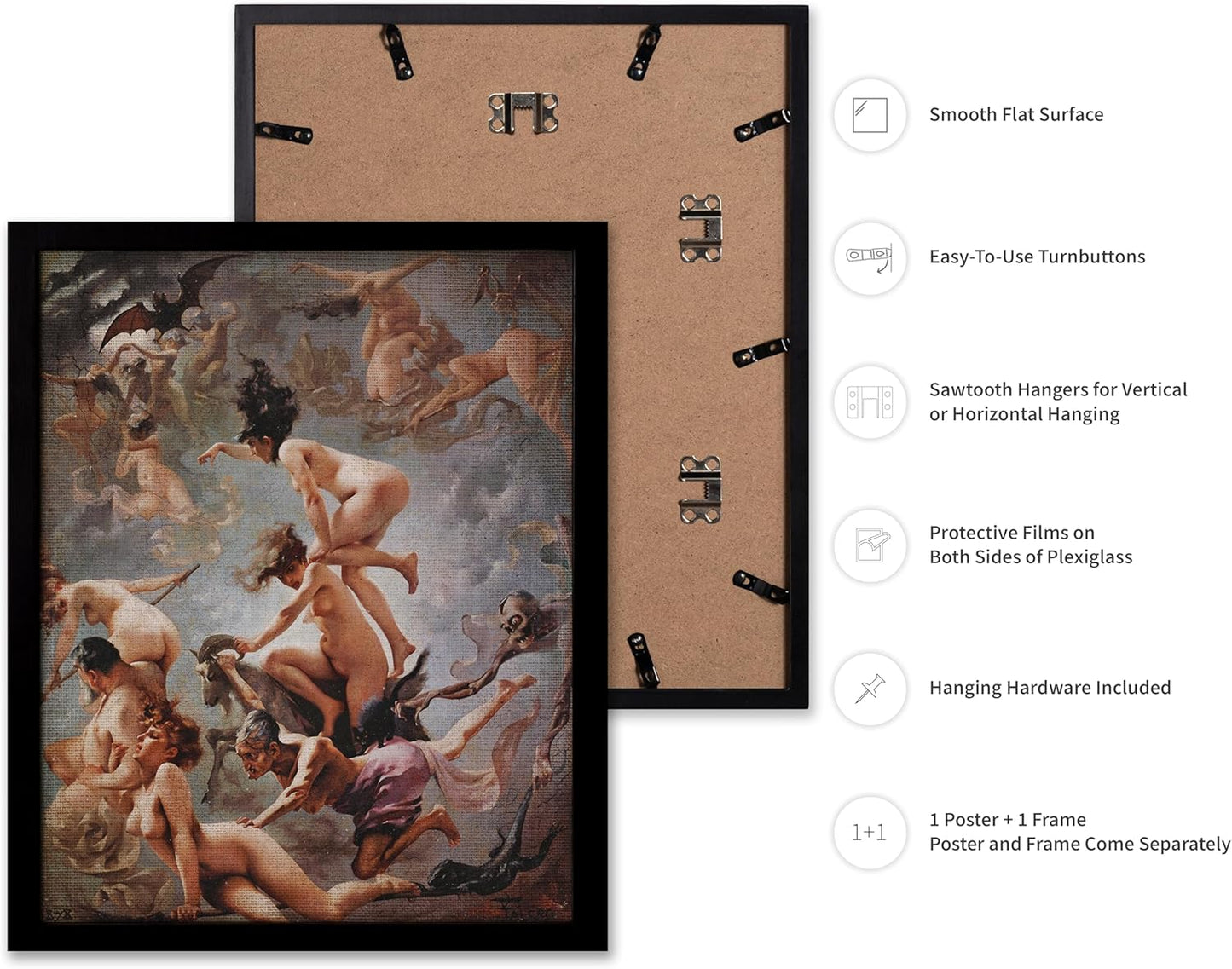 Poster Master Vintage Luis Ricardo Falero Poster - Retro Occult Print - Gift for Gothic, Horror Fan - Witches Going to their Sabbath, Pagan - Wall Decor for Bedroom, Dorm, 16x20 Black Framed