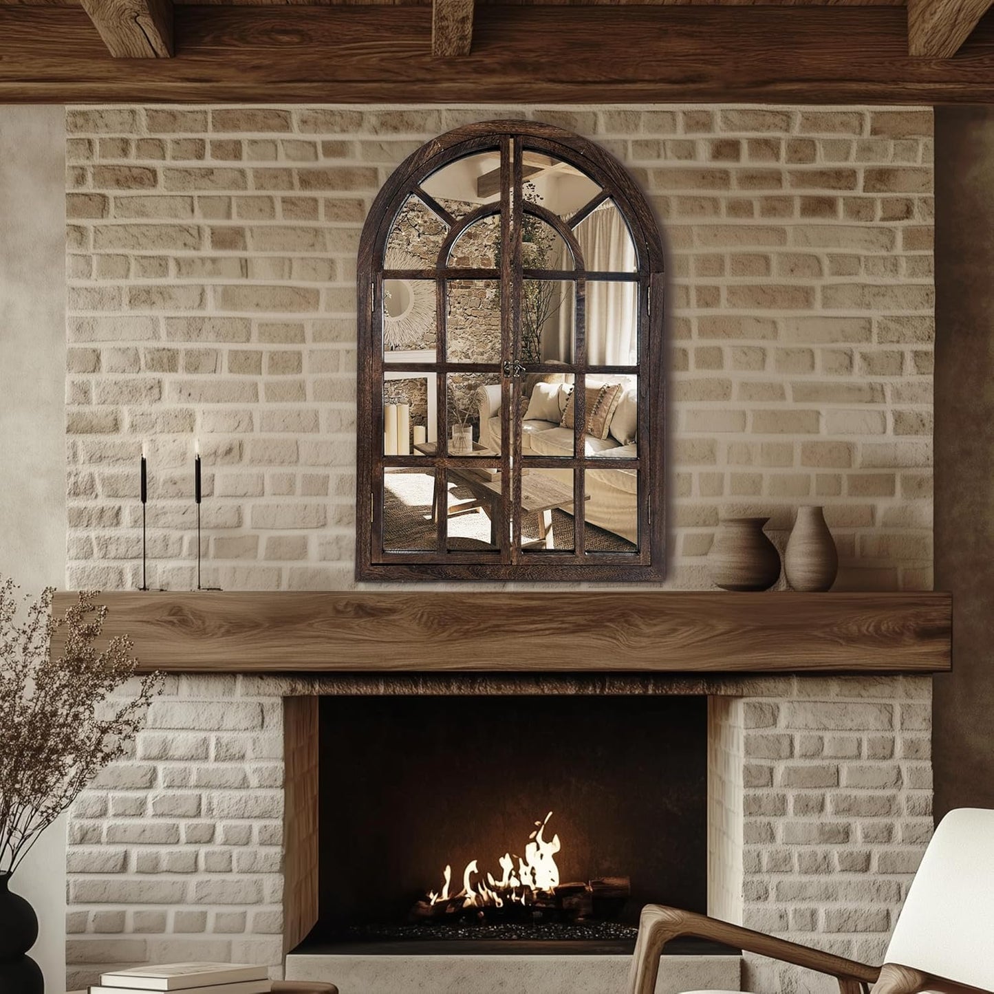 Arched Wall Mirror with Window Design, 38"x26" Rustic Farmhouse Wood Mirror for Wall Decor, Decorative Vintage Arch Mirror for Living Room, Bedroom, Entryway