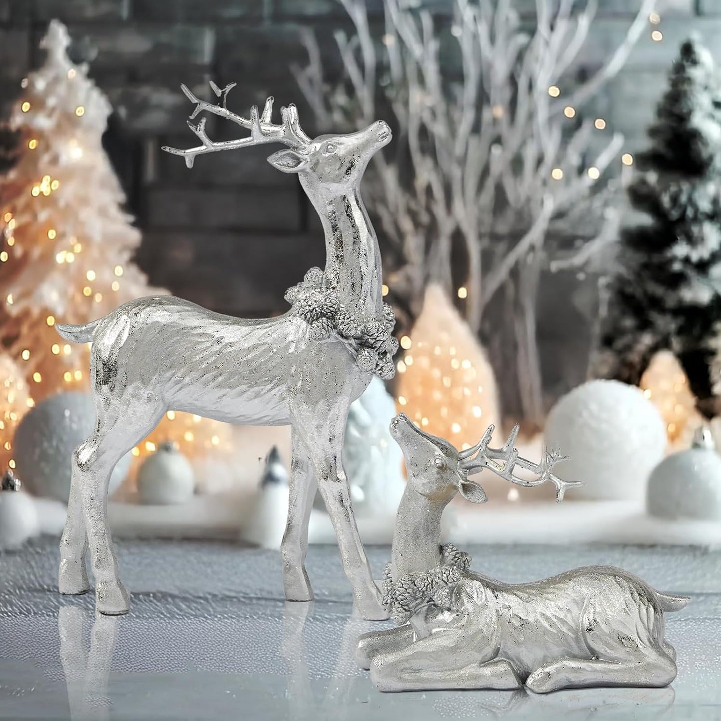 DN DECONATION Christmas Reindeer Figurines, Winter Deer Small Statues Decor, Silver Decorative Reindeer Sculptures, Resin Xmas Holiday Home Décor Accents for Office Living Room & Bedroom 2PCS