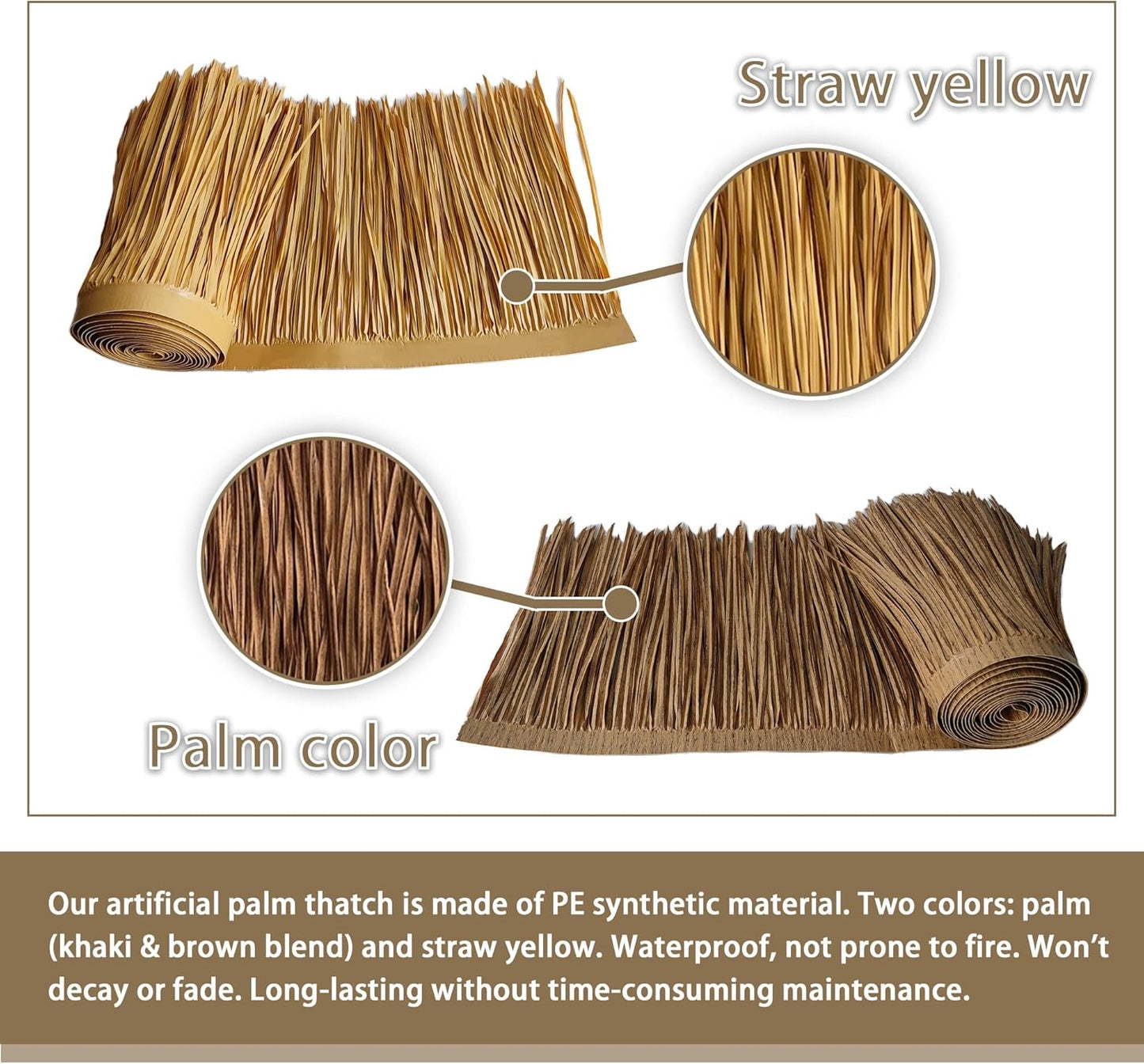 Premium Mexican Style Artificial Palm Thatch Roof Rolls. 5 Lengths, 2 Colors. Waterproof. Easy Install. Ideal for Tiki Bars, Parties, Gardens & Fences (4ft x 16in - Palm Color Thatch)