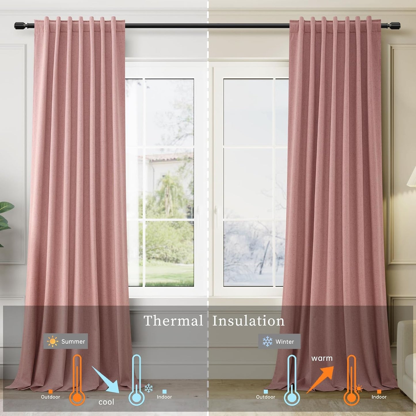 BOODII 108 Inch Black Out Curtains 2 Panels Set Back Tab Thermal Insulated Blush Pink Linen Textured Blackout Curtains Noise Reducing for Farmhouse Living Room Darkening Window Drapes 52x108