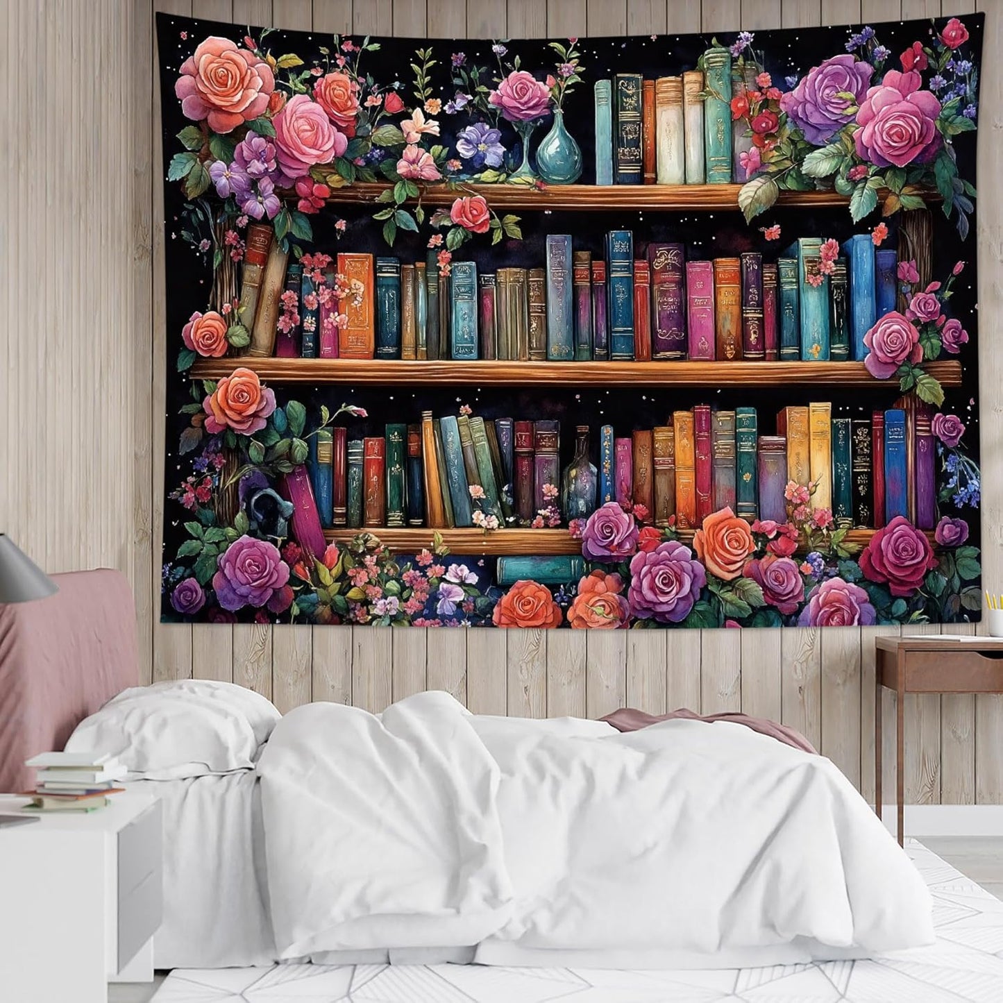 HVEST Bookshelf Tapestry Wall Hanging Pink Floral Green Leaf Watercolor Plant Botanical Aesthetic Tapestry Vintage Library Book Tapestries for Bedroom Living Room Dorm, 51L x 59W Inches