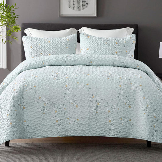 Exclusivo Mezcla Reversible Boho Quilt Set Queen Size, 3 Pieces Flowers Aqua All Season Bedspreads, Ultra Soft Floral Coverlet Bedding Set with Printed Pattern (1 Quilt, 2 Pillow Shams)
